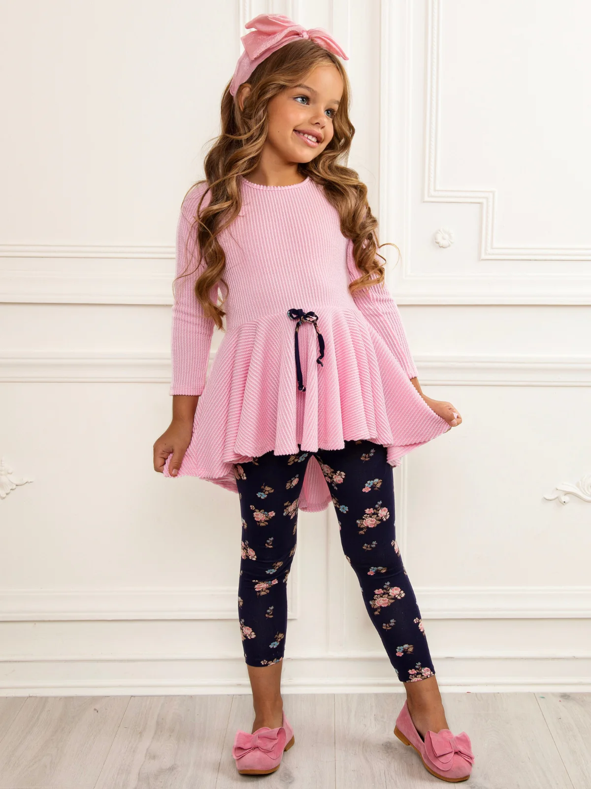Pink Ribbed Hi-Lo Tunic and Floral Legging Set - Image 6