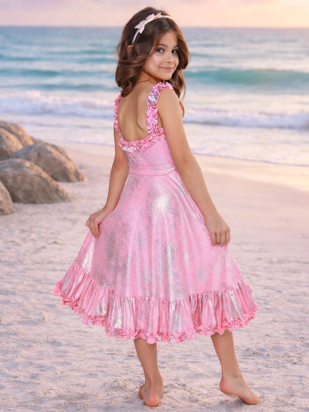 Shimmering Pink Ruffle Hi-Lo Dress - Image 3
