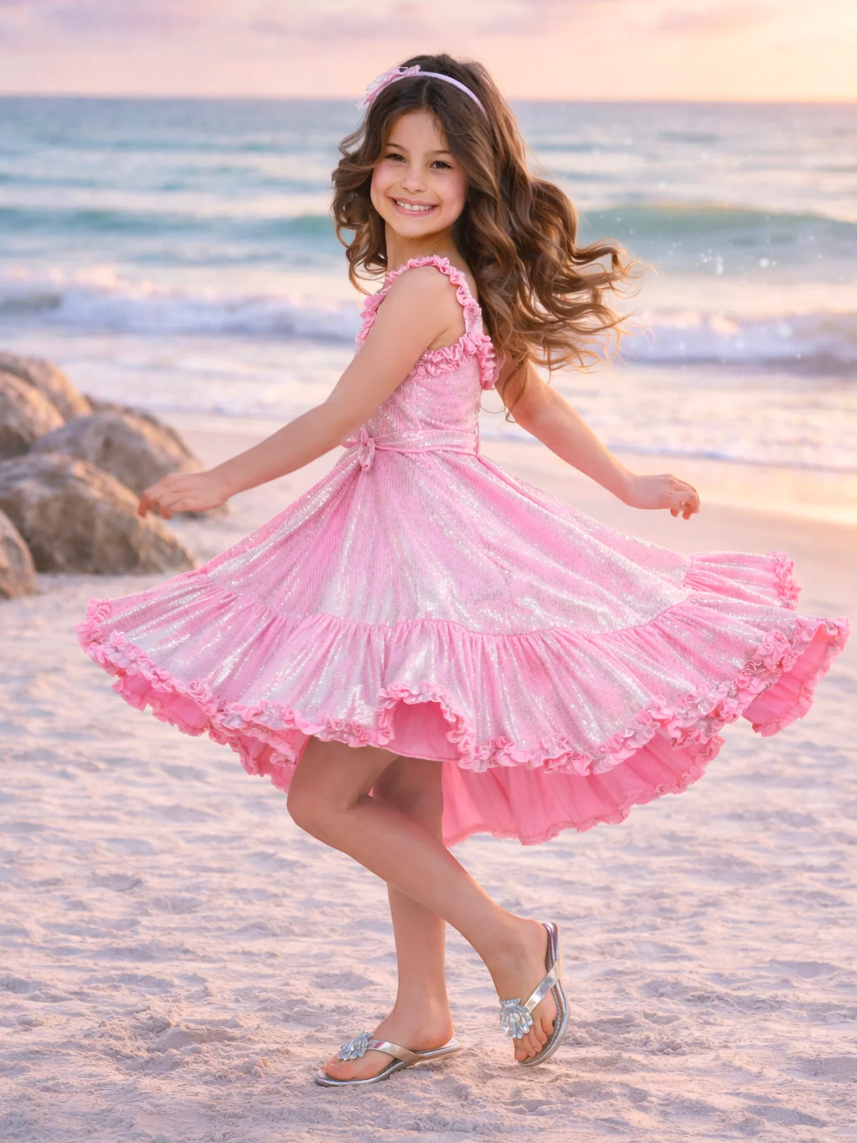 Shimmering Pink Ruffle Hi-Lo Dress - Image 4