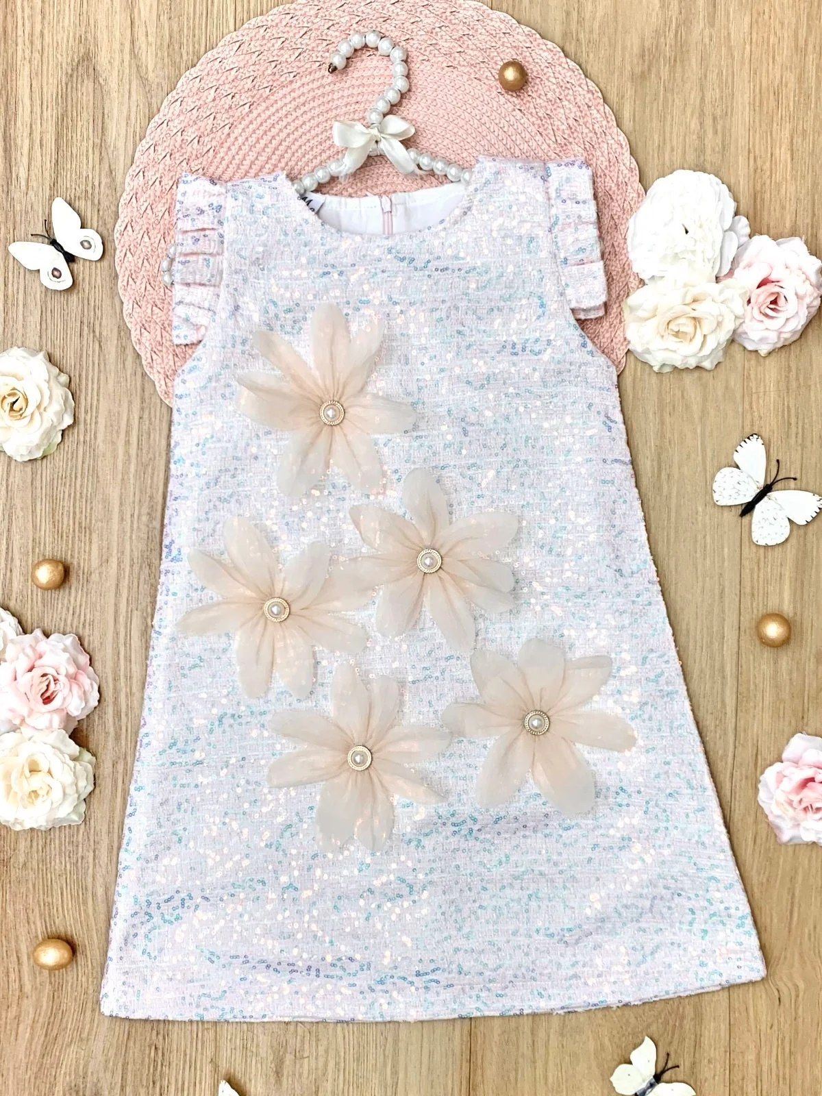 Pink Sequin Daisy Pearl-Accent Shift Dress - Image 2