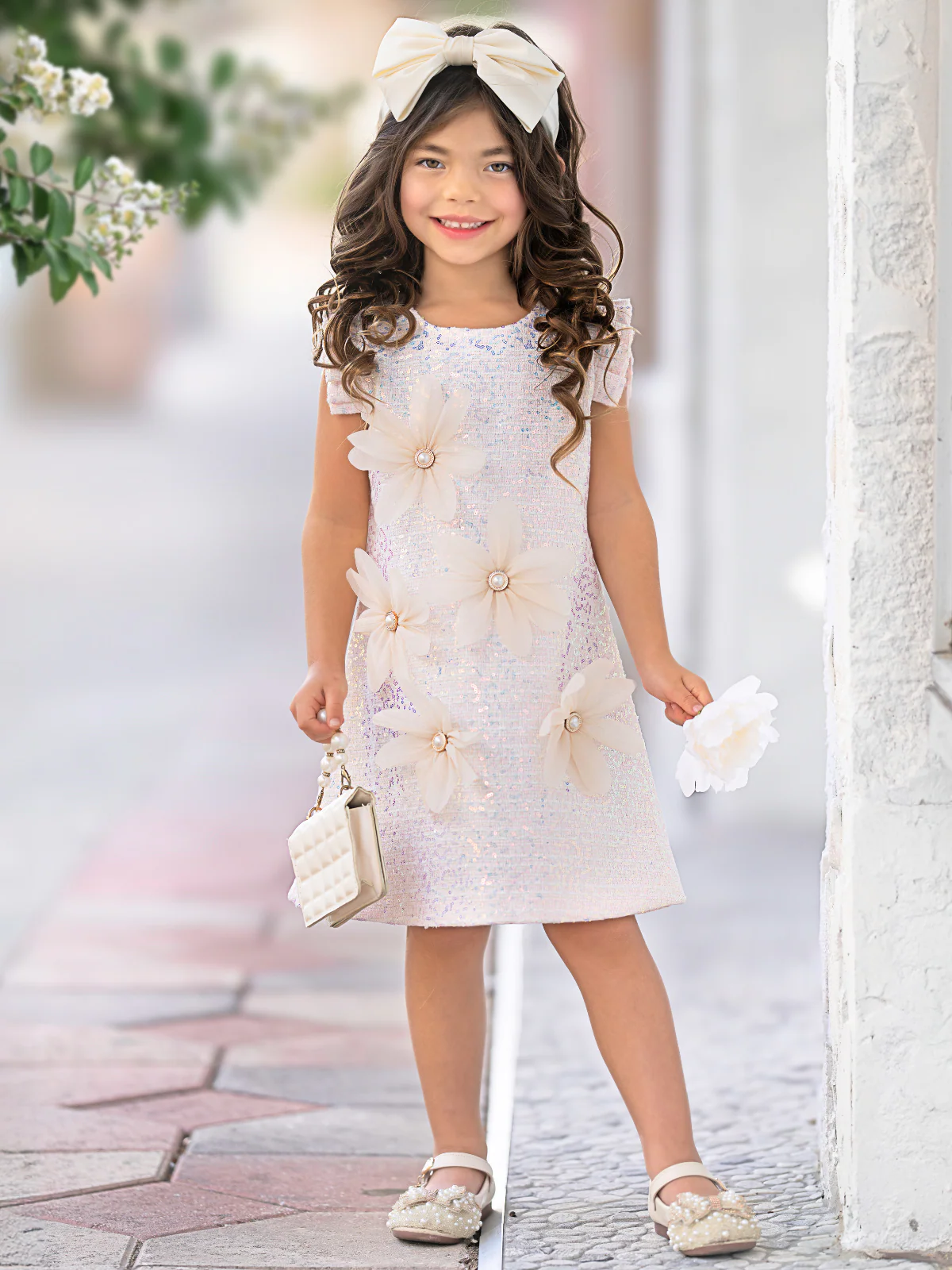 Pink Sequin Daisy Pearl-Accent Shift Dress - Image 3
