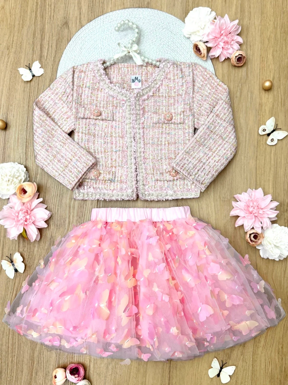 Pink Sparkle Tweed Jacket & Butterfly Tutu Skirt Set - Image 2
