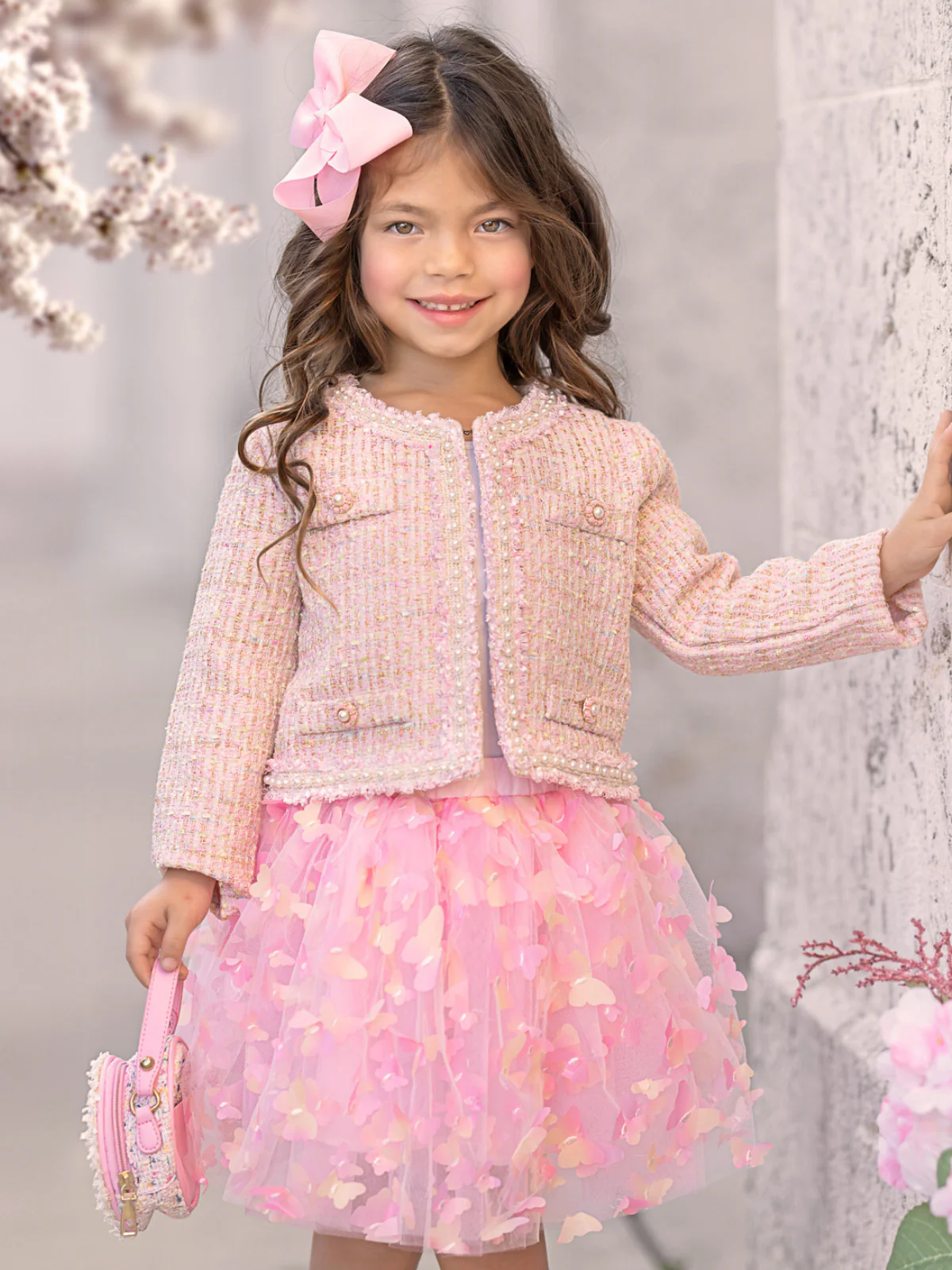 Pink Sparkle Tweed Jacket & Butterfly Tutu Skirt Set - Image 3