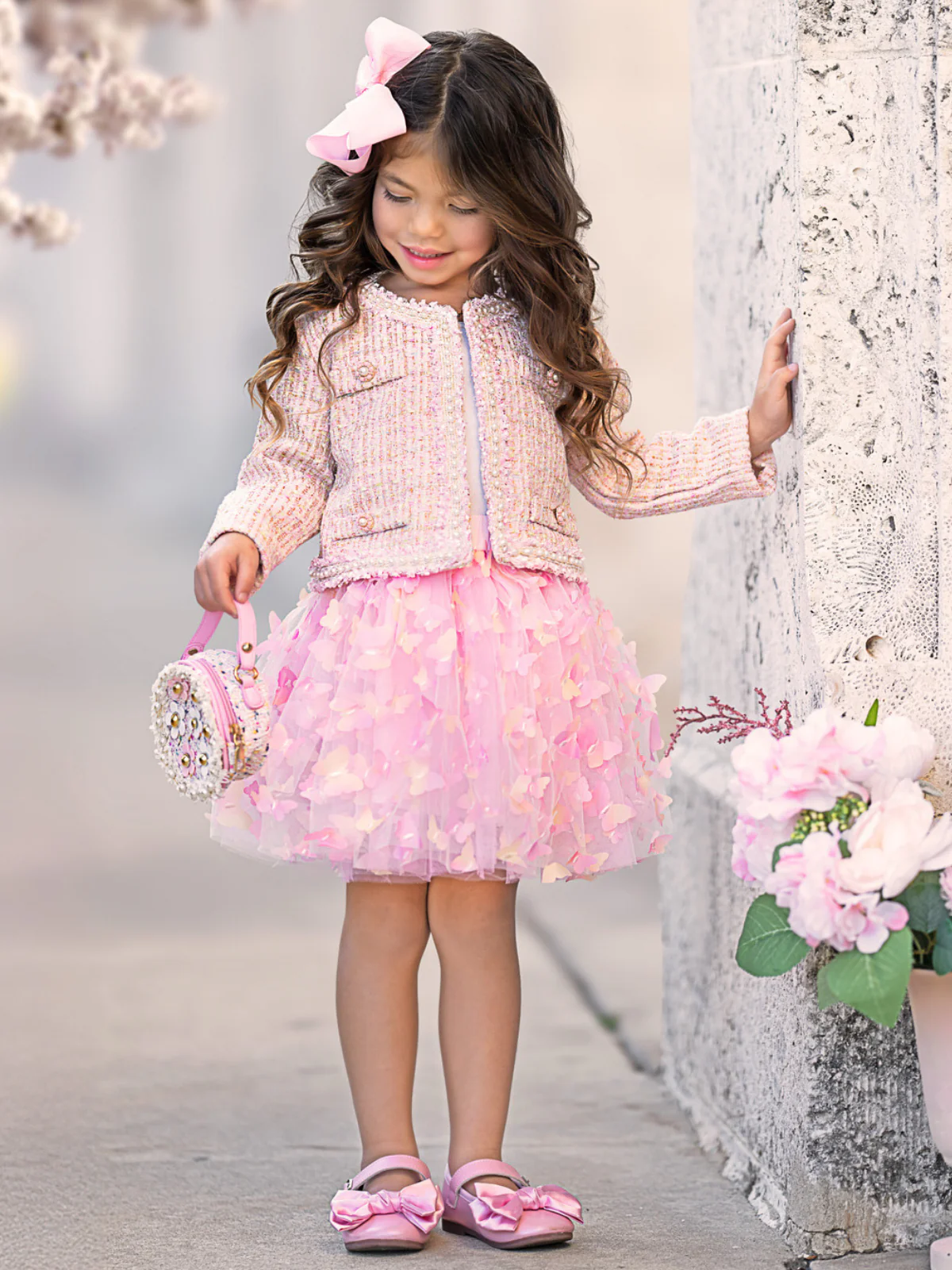 Pink Sparkle Tweed Jacket & Butterfly Tutu Skirt Set - Image 4