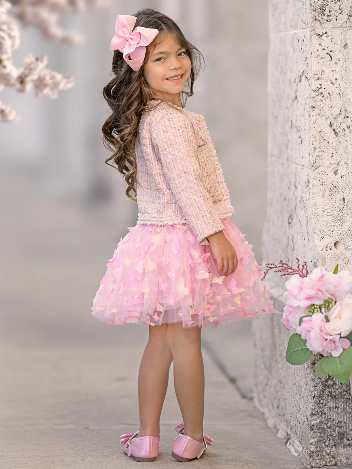 Pink Sparkle Tweed Jacket & Butterfly Tutu Skirt Set - Image 6