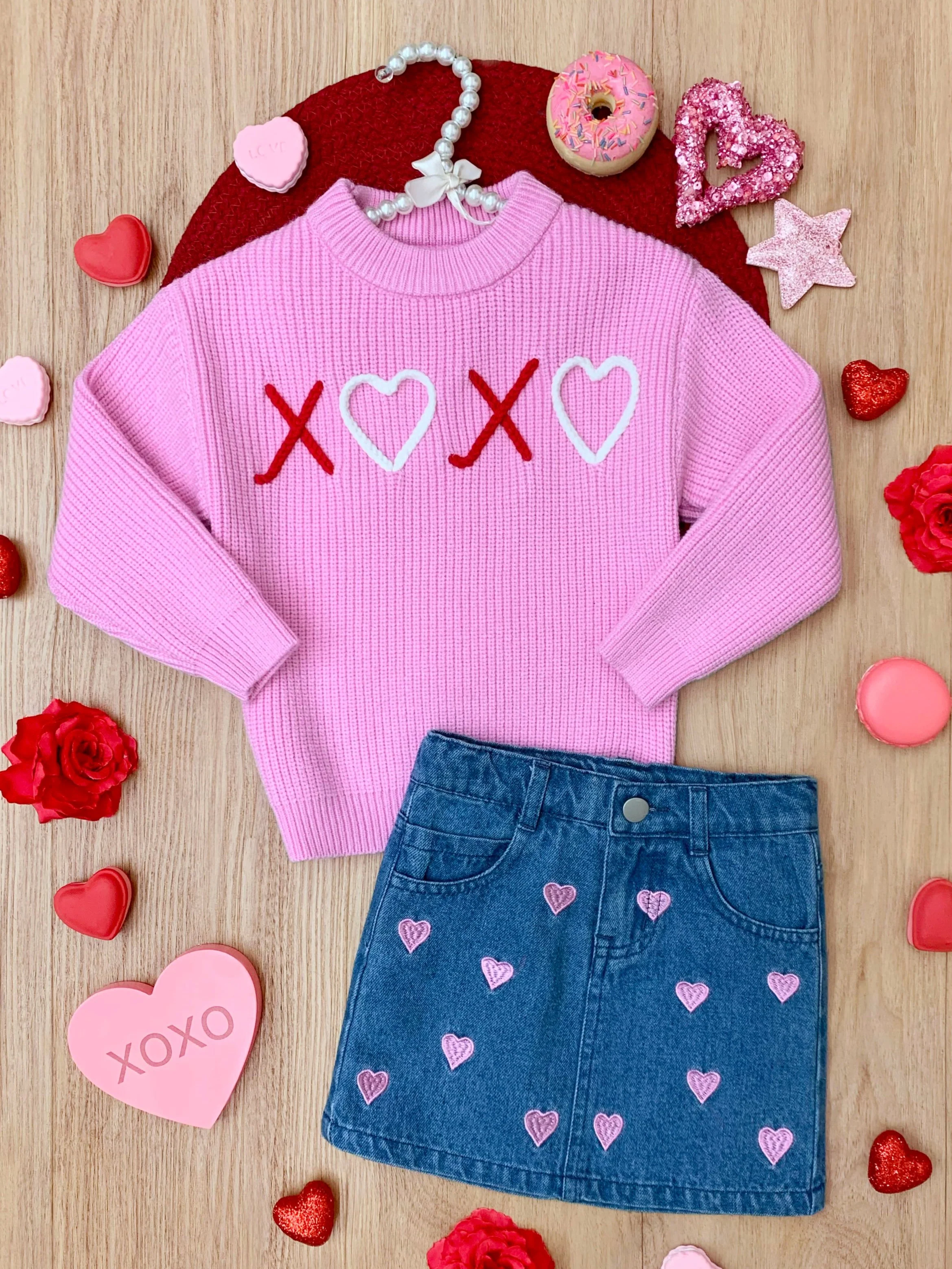 XOXO Embroidered Pink Sweater and Denim Skirt Set - Image 2