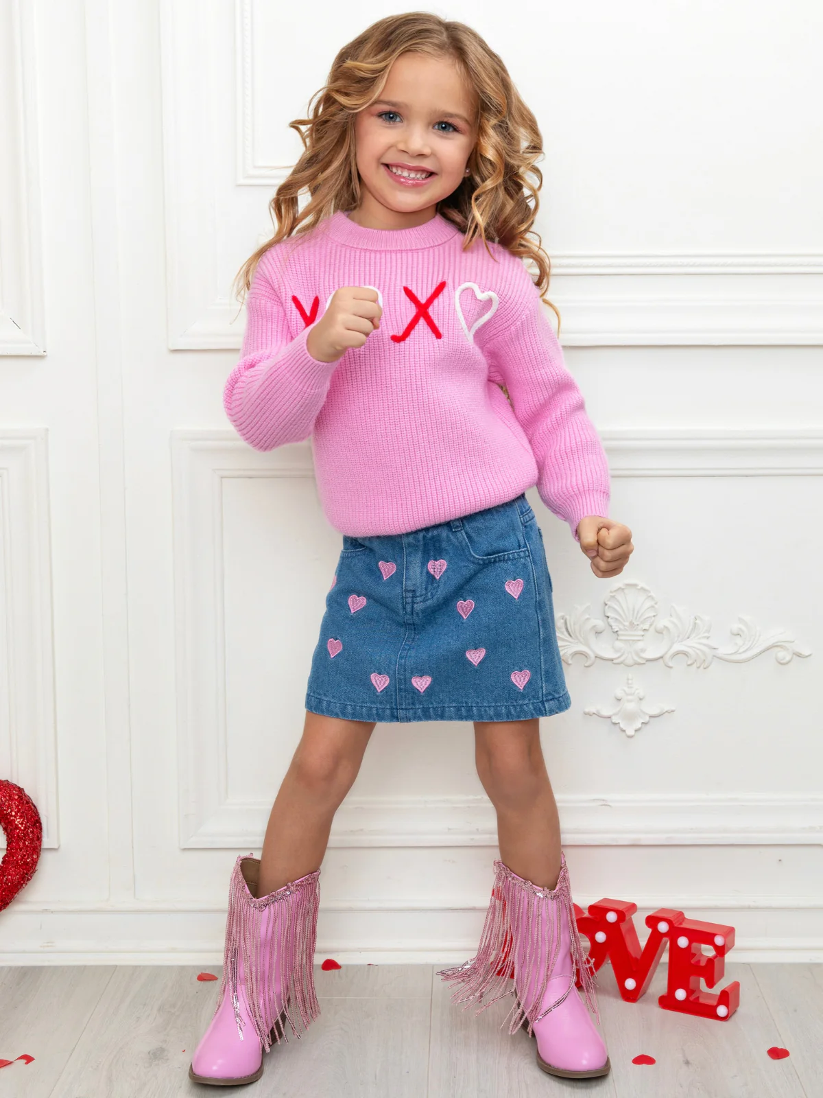 XOXO Embroidered Pink Sweater and Denim Skirt Set - Image 3