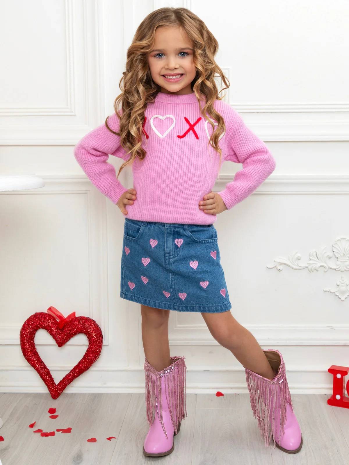 XOXO Embroidered Pink Sweater and Denim Skirt Set - Image 5