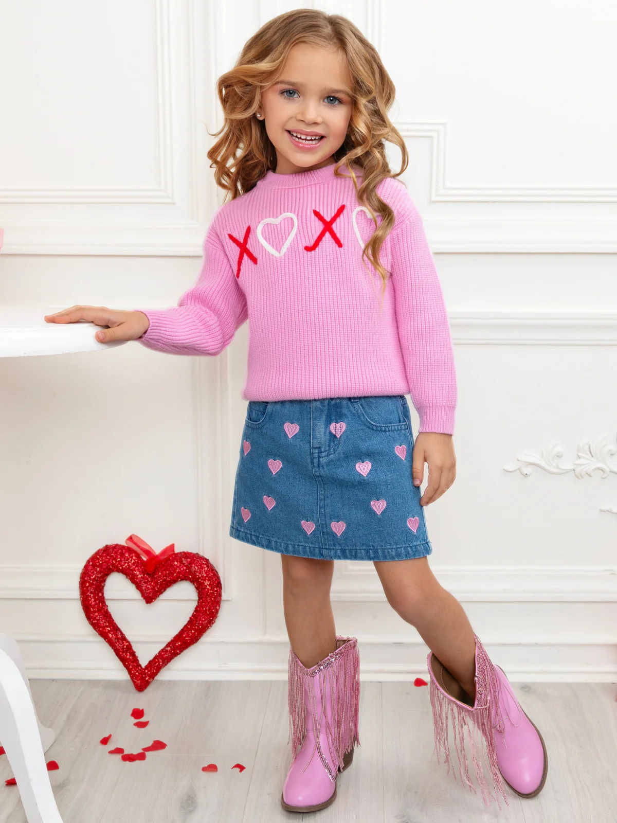 XOXO Embroidered Pink Sweater and Denim Skirt Set - Image 6