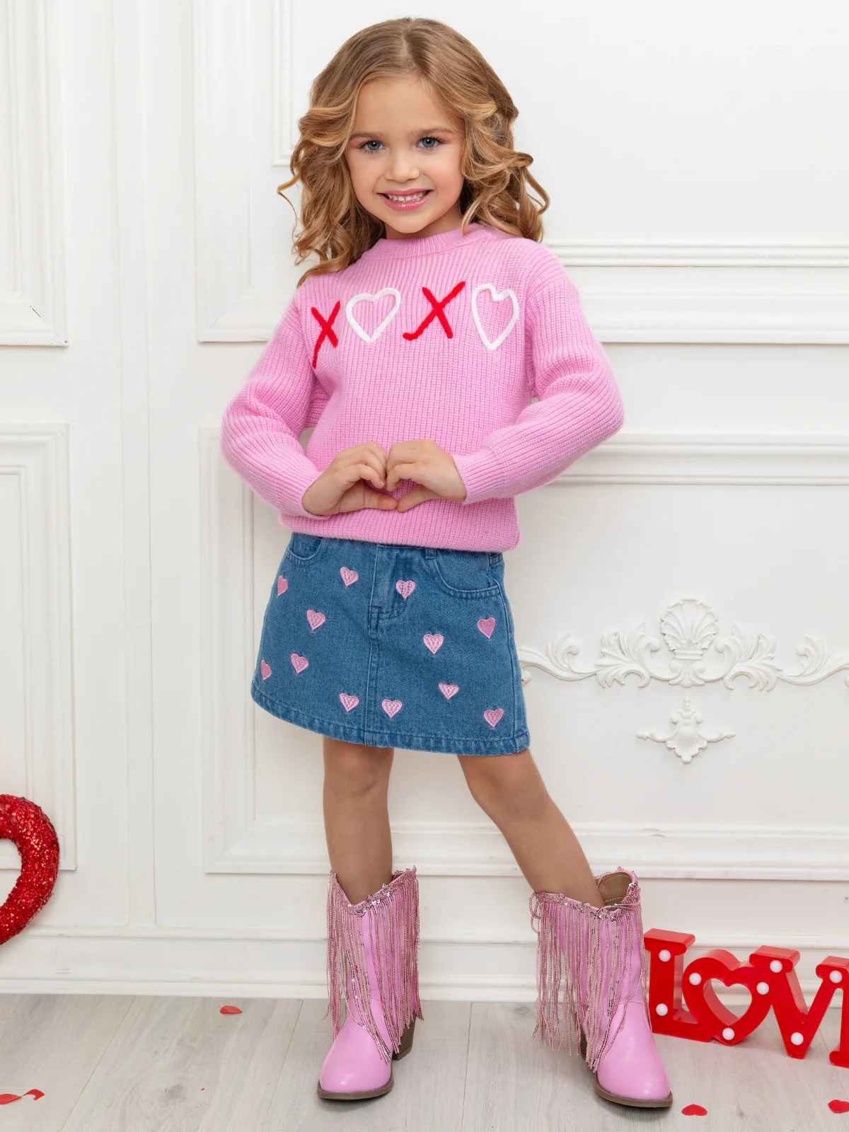 XOXO Embroidered Pink Sweater and Denim Skirt Set - Image 7