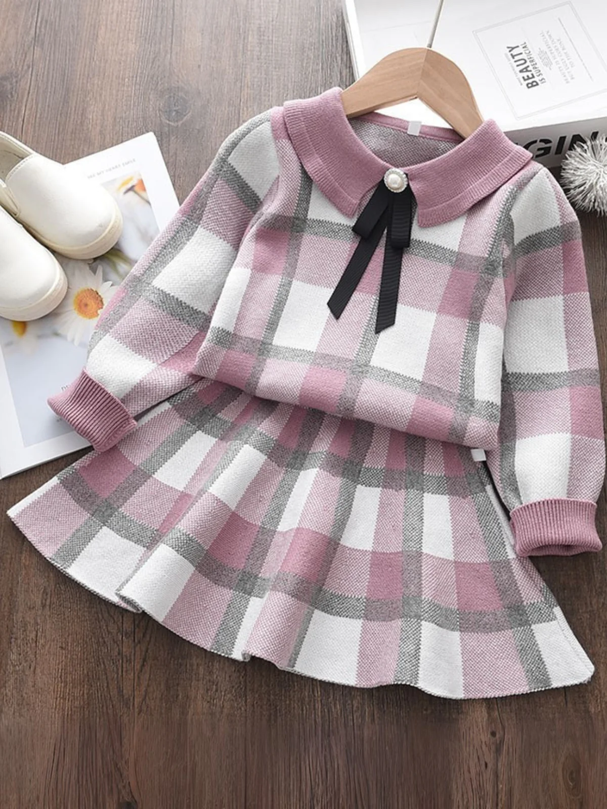 Sweet Plaid Knit Bow Top & Skirt Set - Image 2