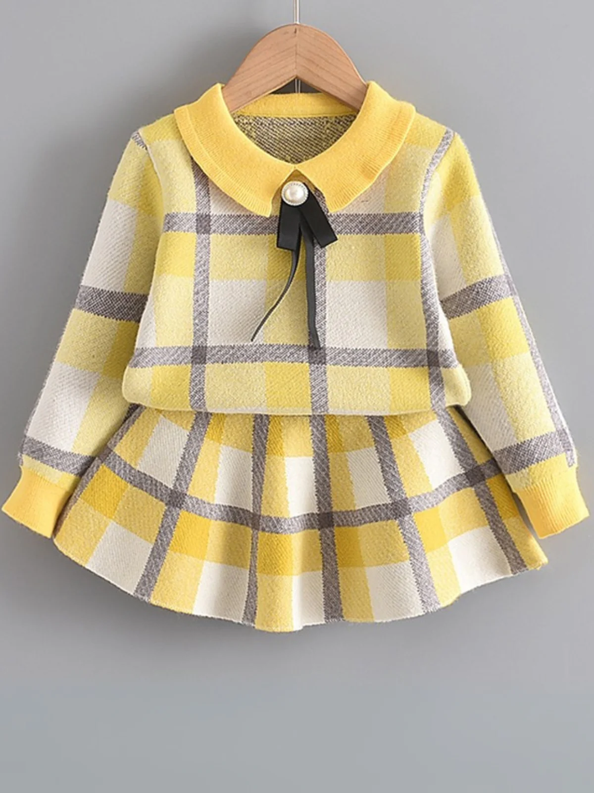 Sweet Plaid Knit Bow Top & Skirt Set - Image 4