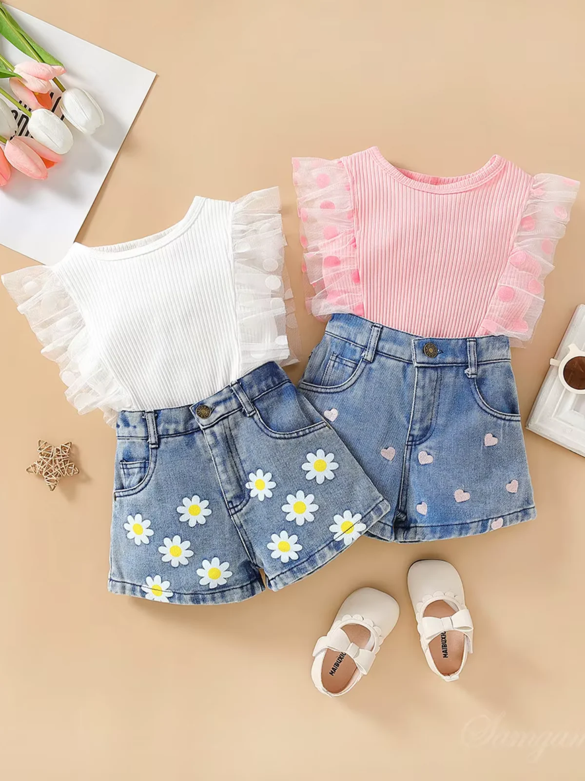 Daisy Dream Flutter Sleeve Top and Denim Short Set - Image 2