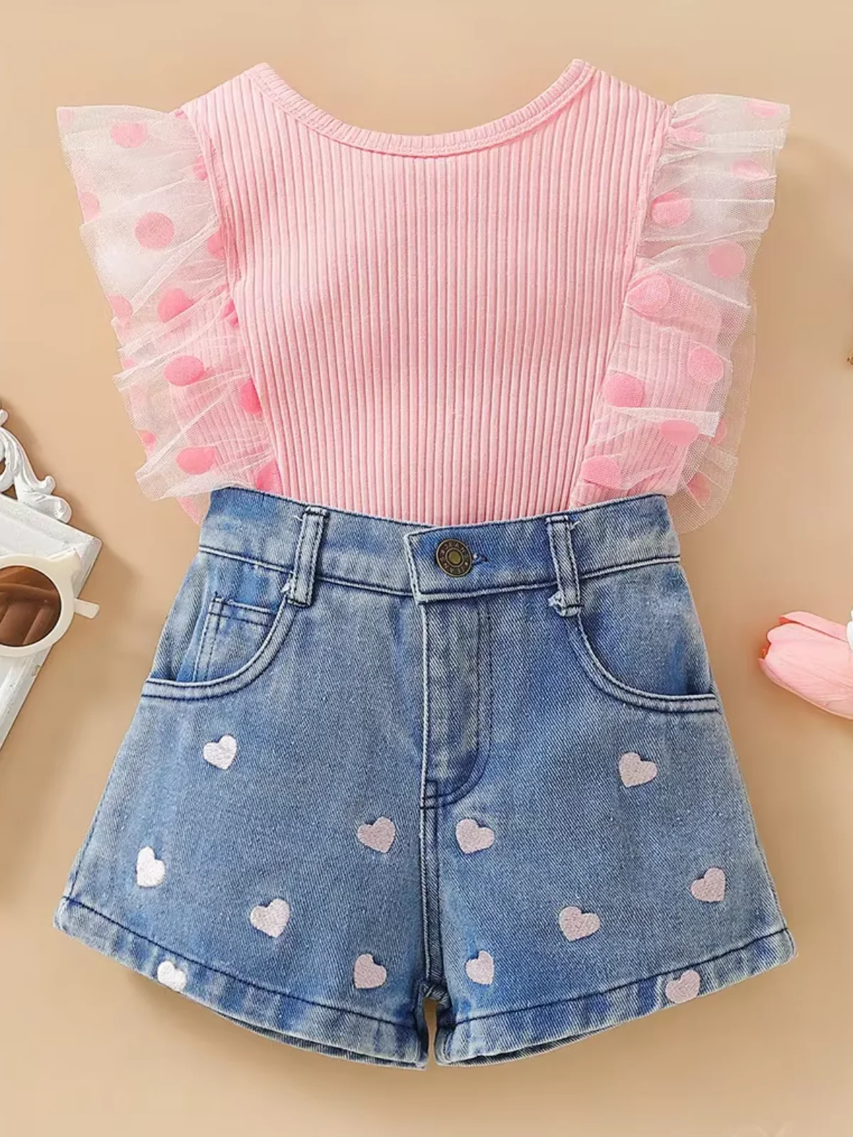 Daisy Dream Flutter Sleeve Top and Denim Short Set - Image 3