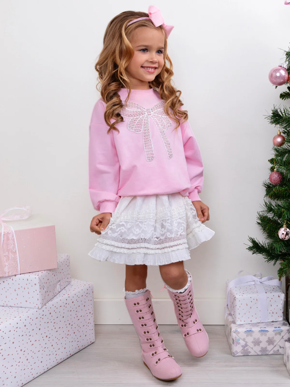 Pretty in Pink Pearl Bow Top and Lace Skirt Set - Image 2