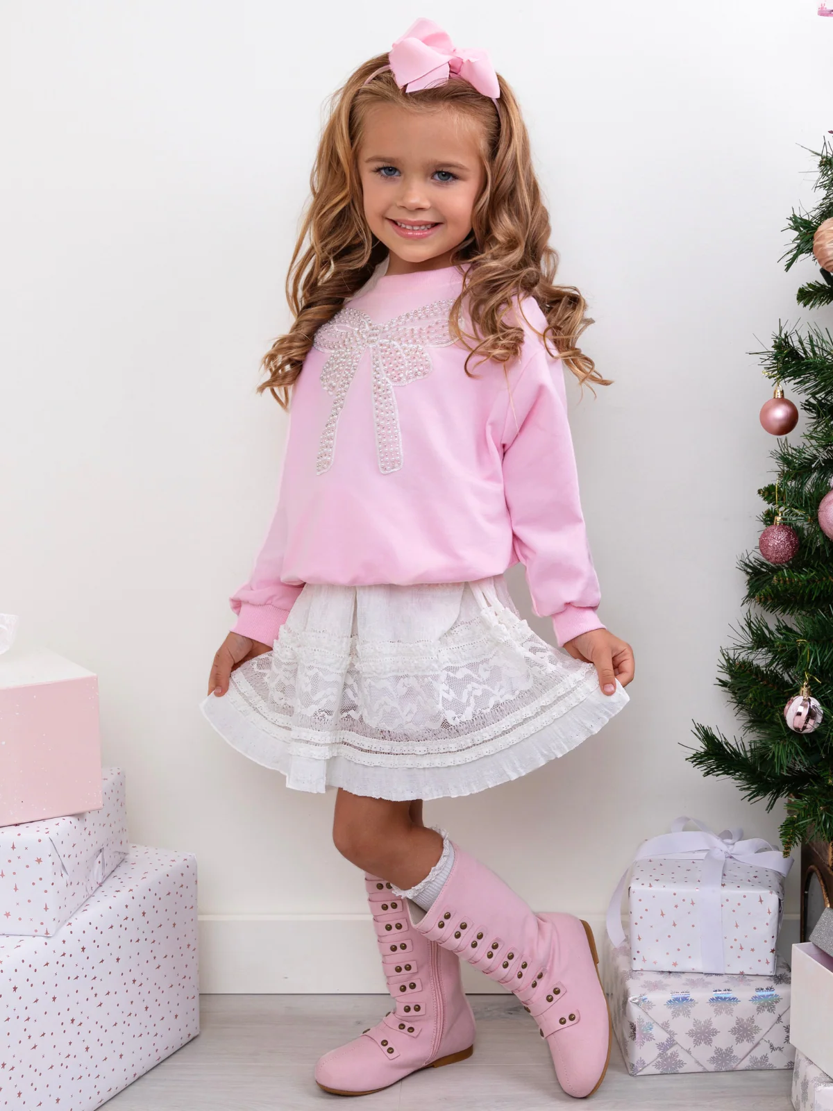 Pretty in Pink Pearl Bow Top and Lace Skirt Set - Image 3