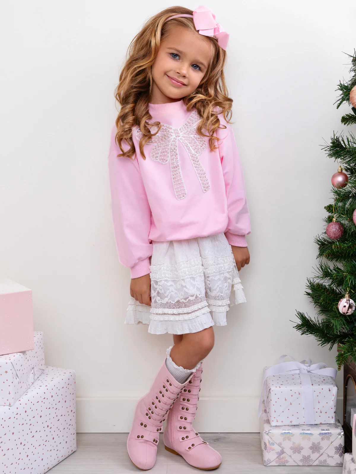 Pretty in Pink Pearl Bow Top and Lace Skirt Set - Image 4