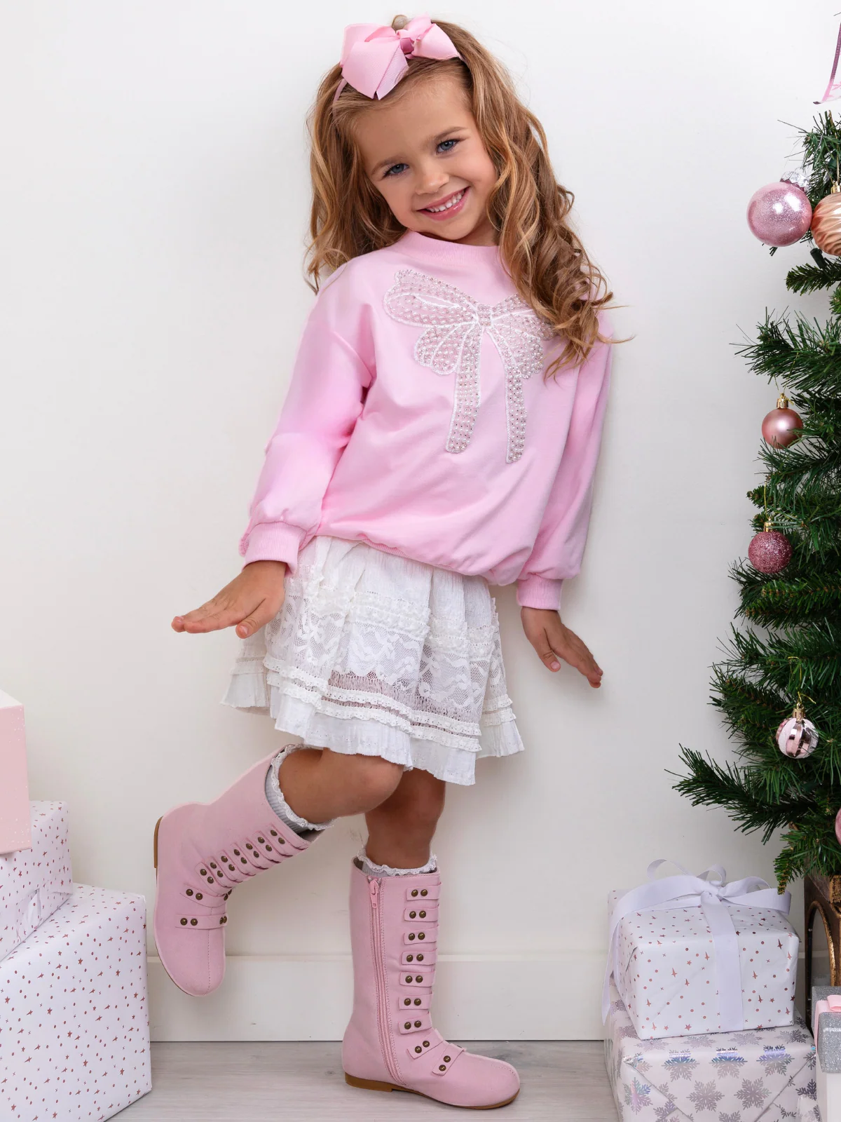 Pretty in Pink Pearl Bow Top and Lace Skirt Set - Image 5