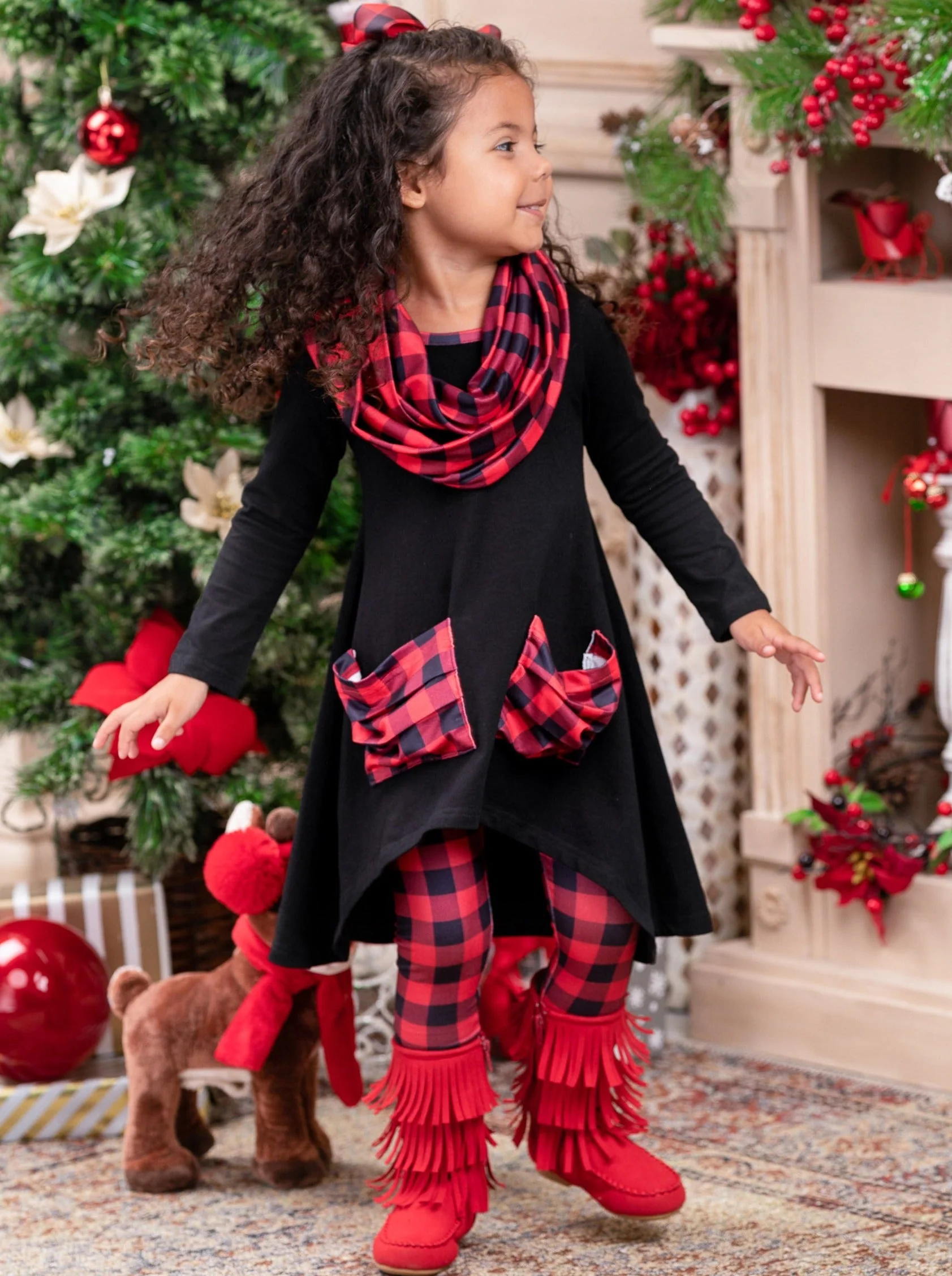 Pretty Plaid Slouch Pocket Tunic, Leggings And Scarf Set - Image 2