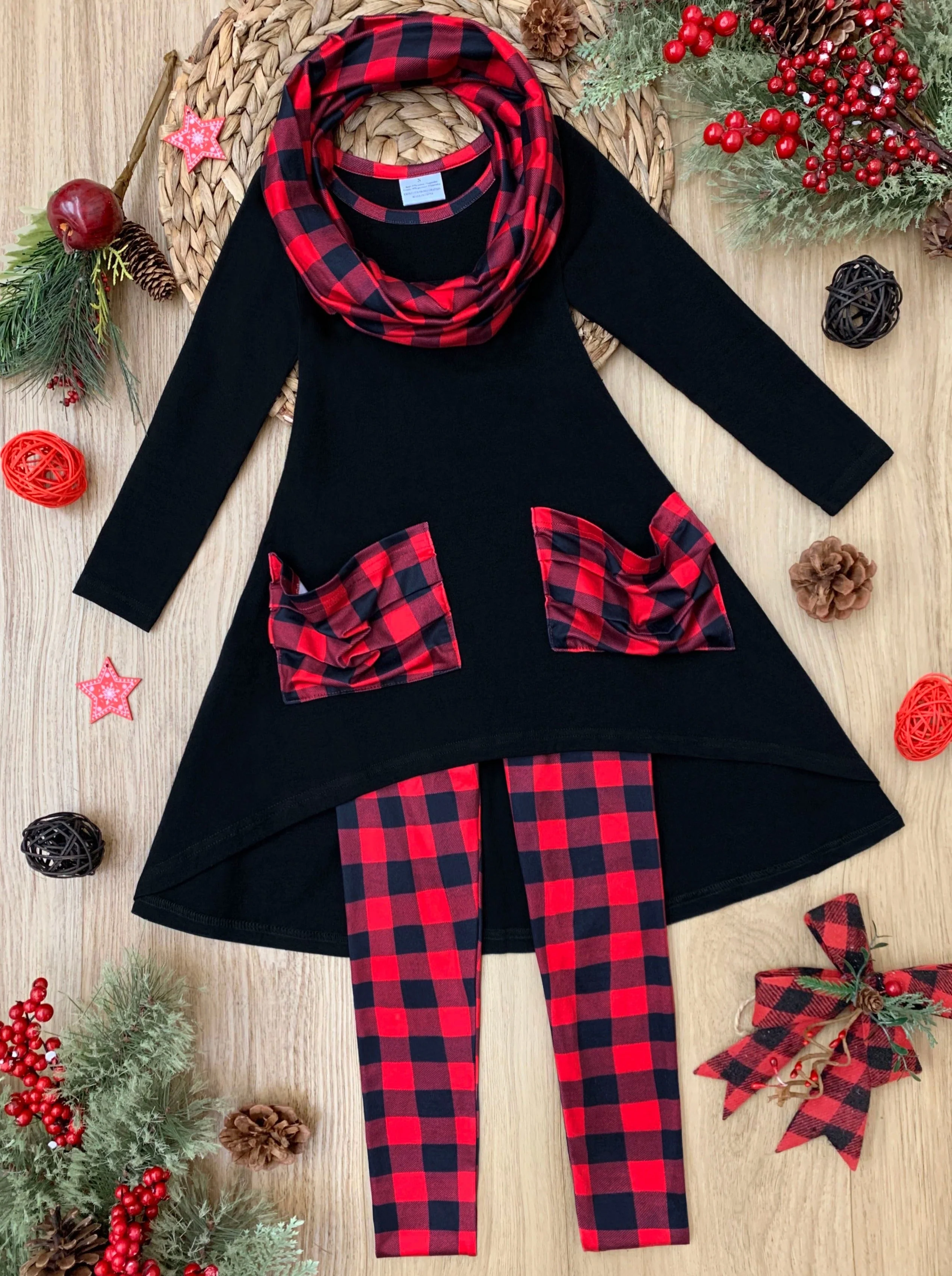 Pretty Plaid Slouch Pocket Tunic, Leggings And Scarf Set - Image 3