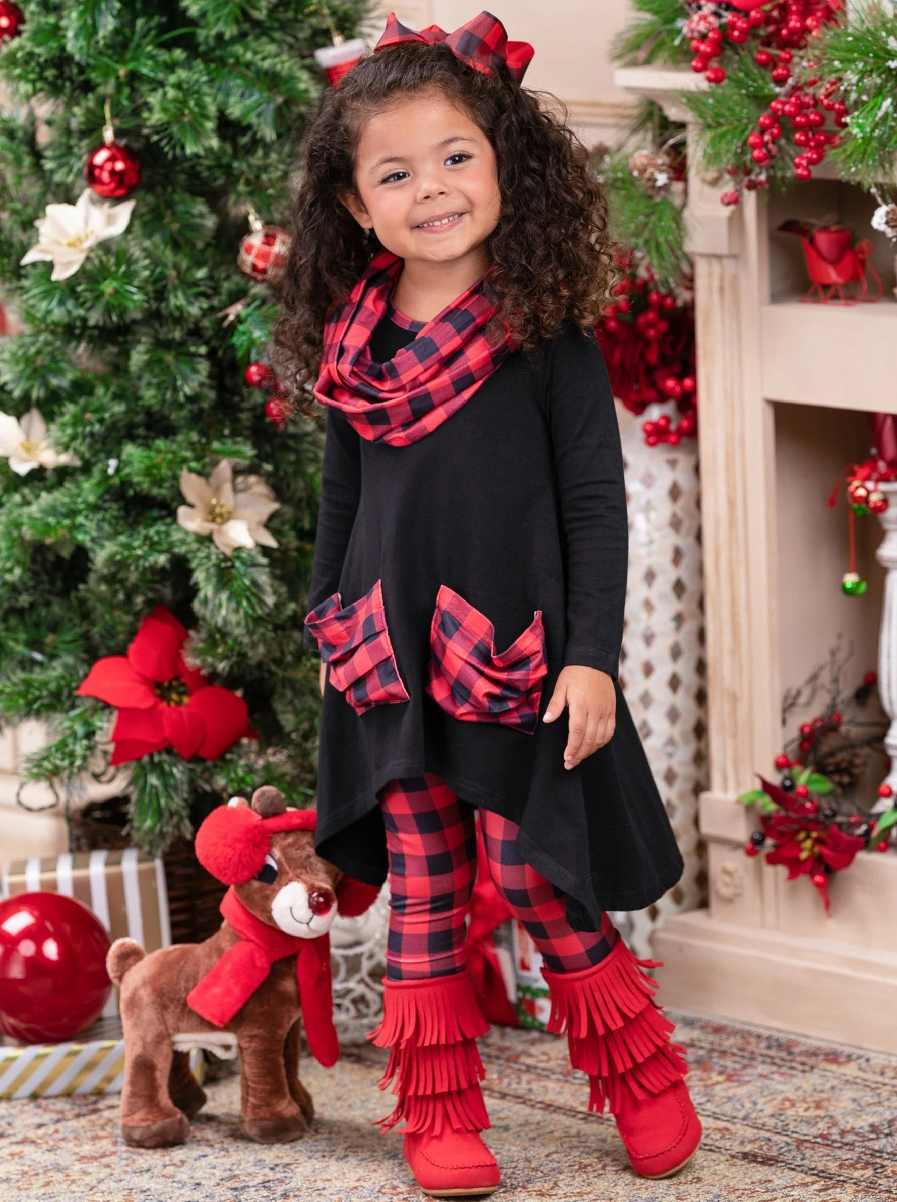 Pretty Plaid Slouch Pocket Tunic, Leggings And Scarf Set - Image 4