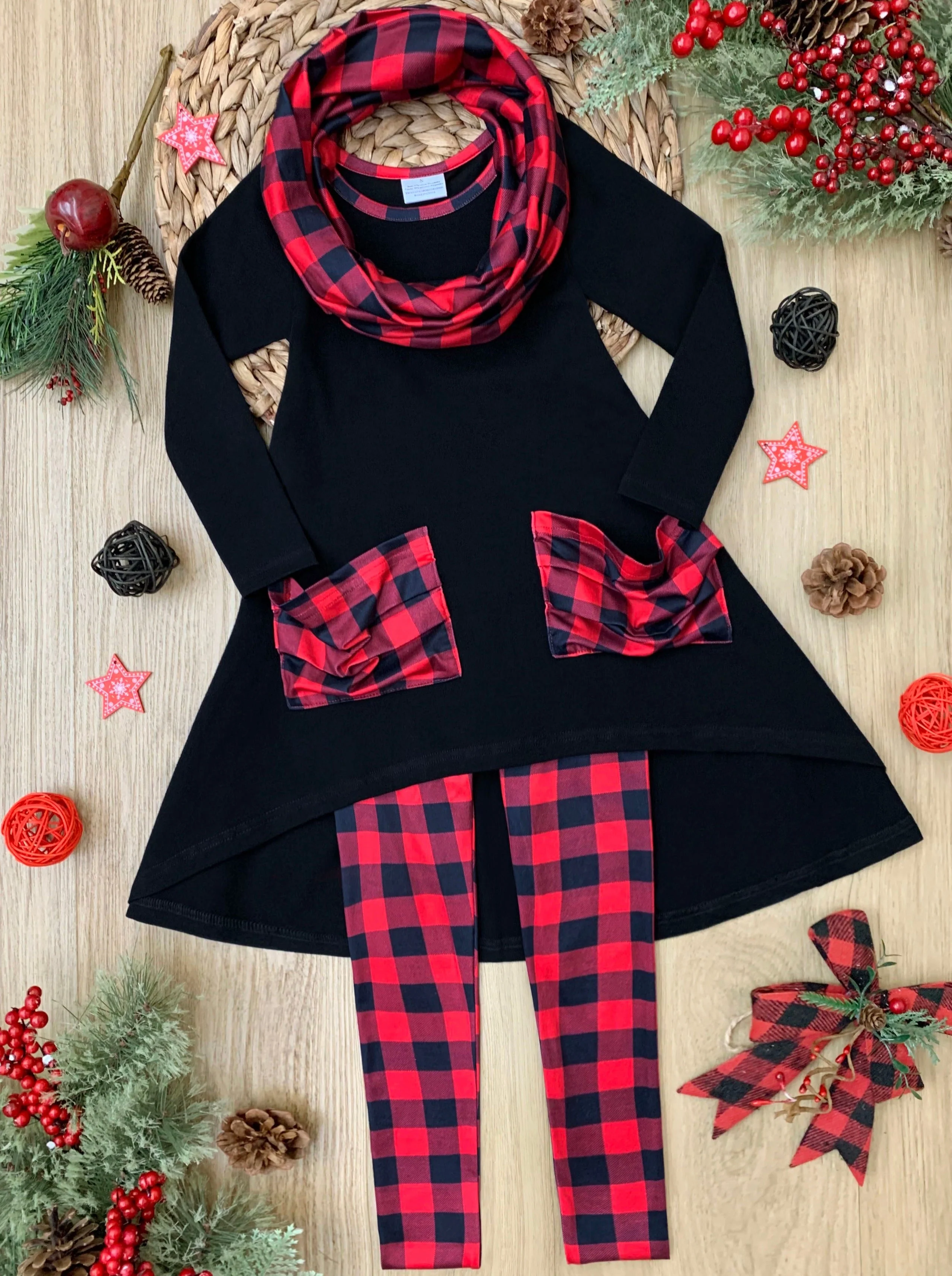 Pretty Plaid Slouch Pocket Tunic, Leggings And Scarf Set - Image 5