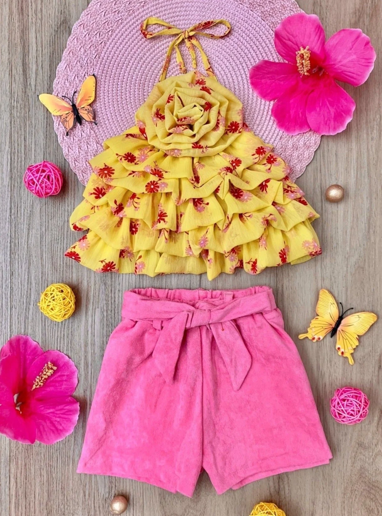Darling Blossom Yellow Rosette Top and Shorts Set - Image 2