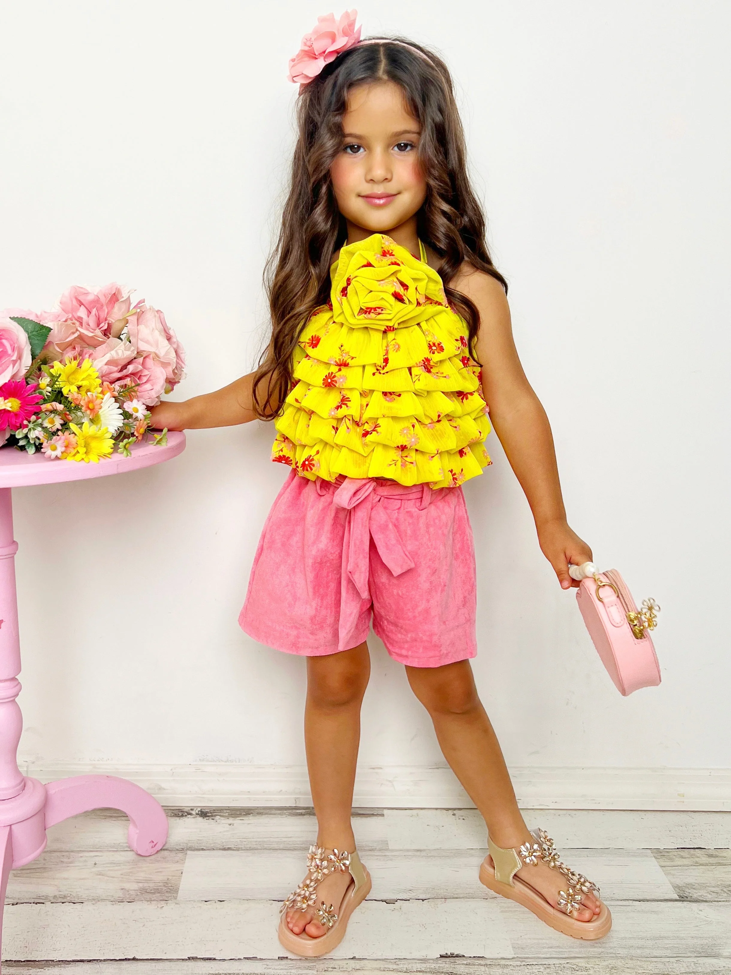 Darling Blossom Yellow Rosette Top and Shorts Set - Image 3