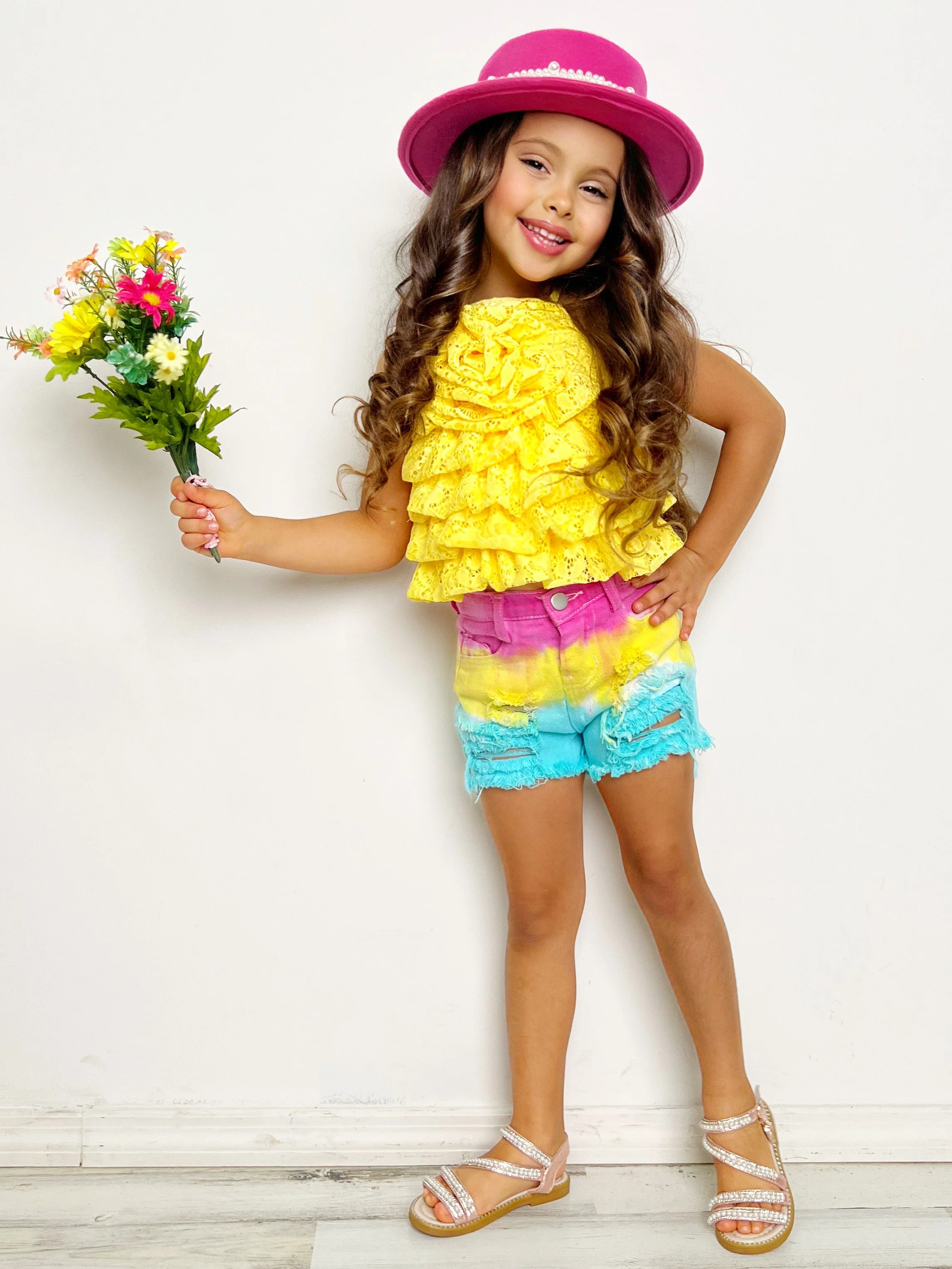 In Full Bloom Yellow Rose Tiered Top and Shorts Set - Image 2