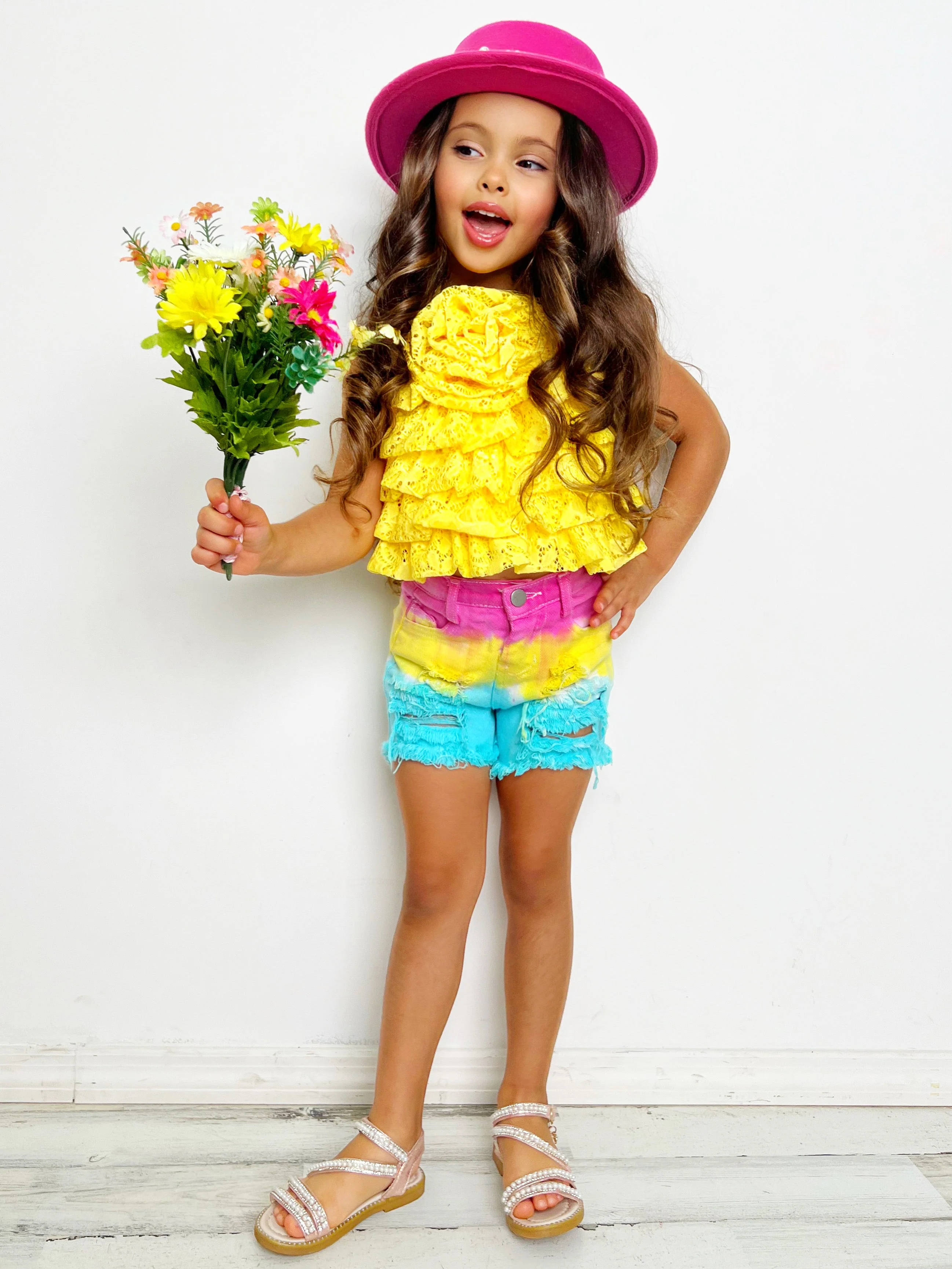 In Full Bloom Yellow Rose Tiered Top and Shorts Set - Image 4