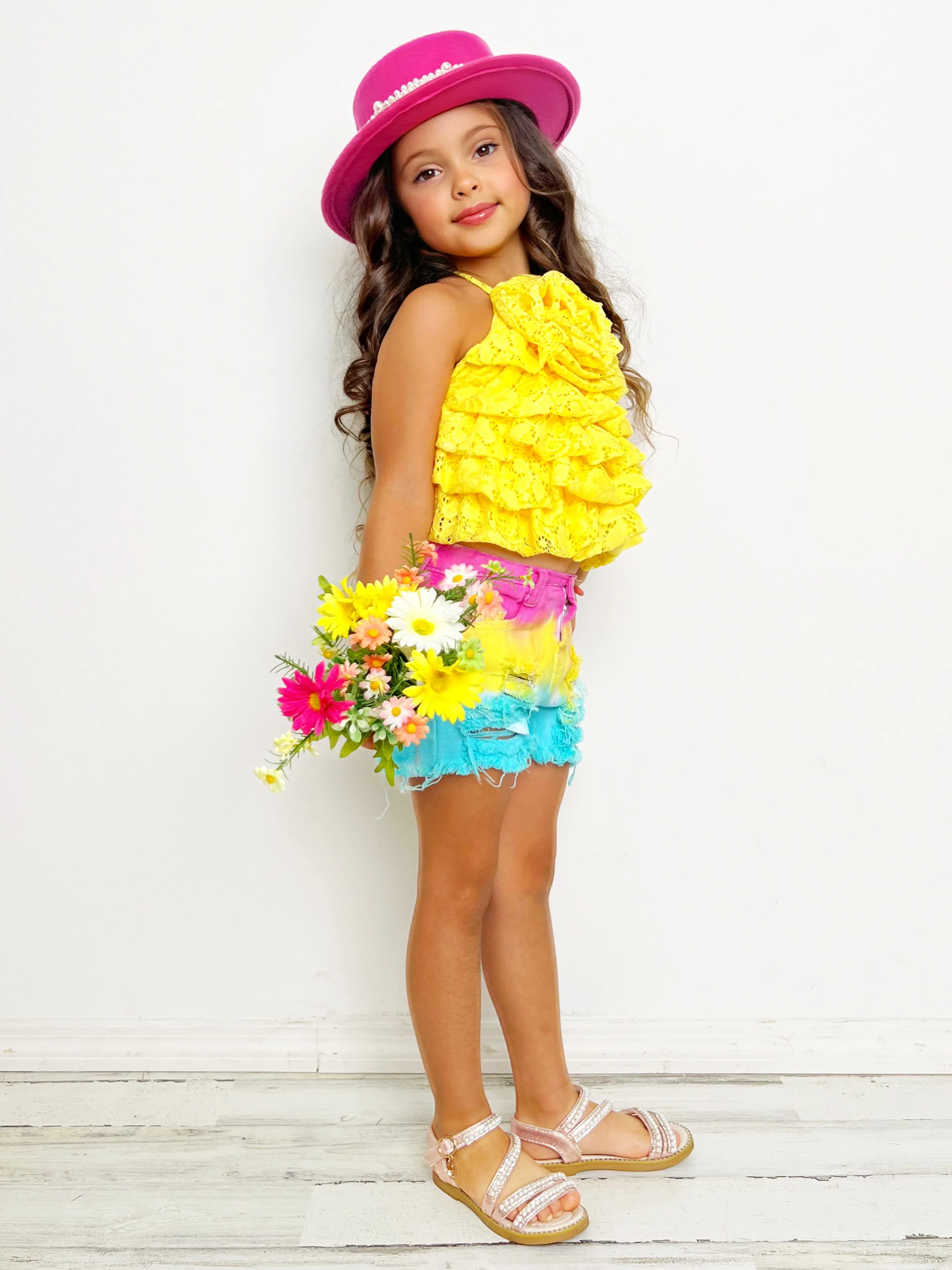 In Full Bloom Yellow Rose Tiered Top and Shorts Set - Image 5
