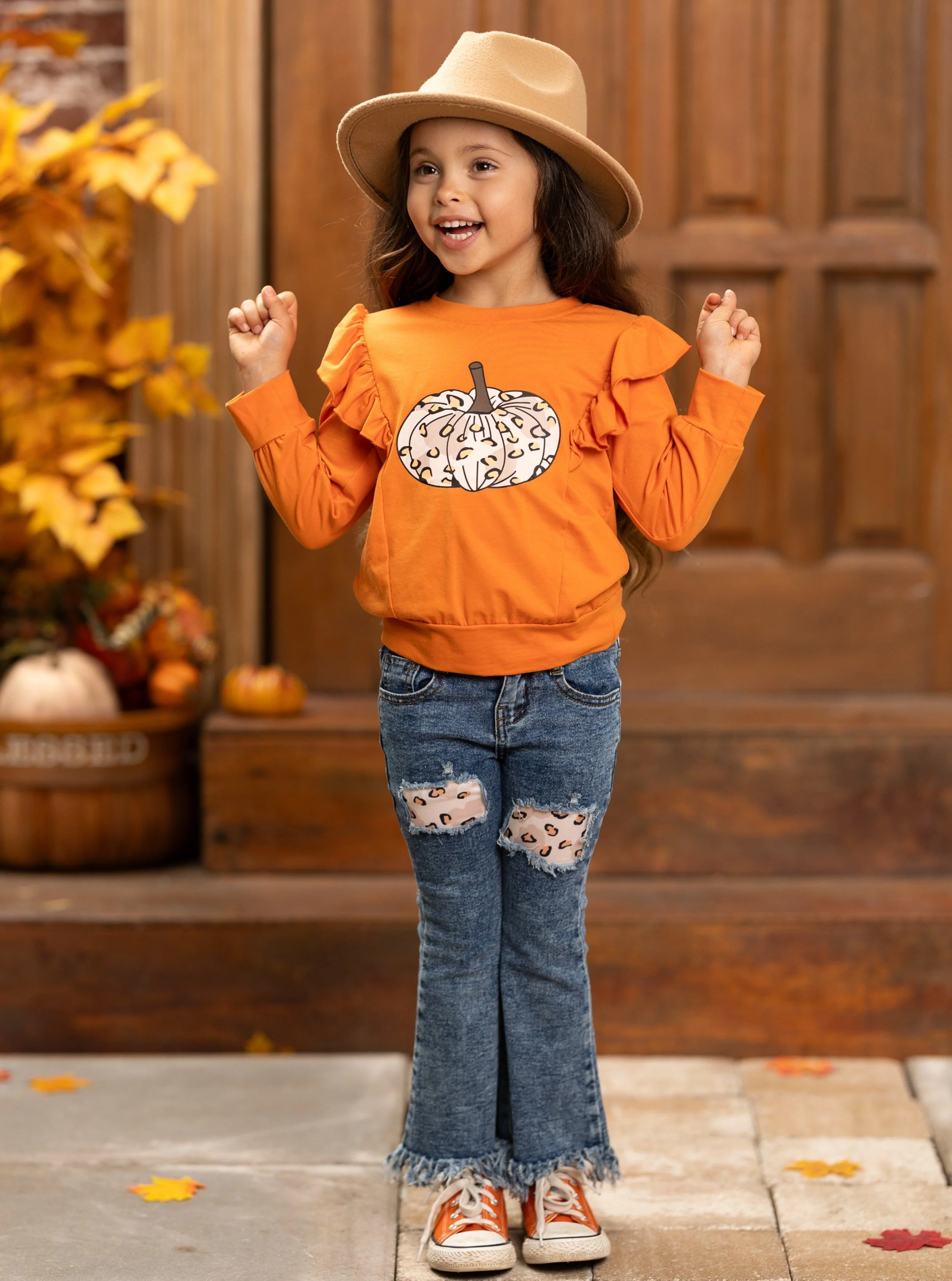 Pumpkin Party Patched Fringe Jeans Set - Image 2