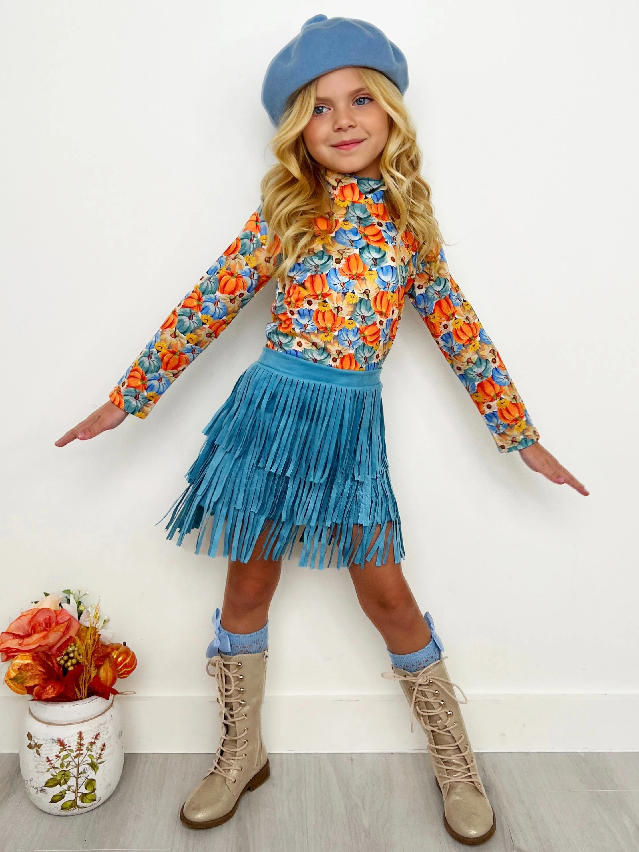 Pumpkin Patch Turtleneck Top and Fringe Skort Set - Image 4