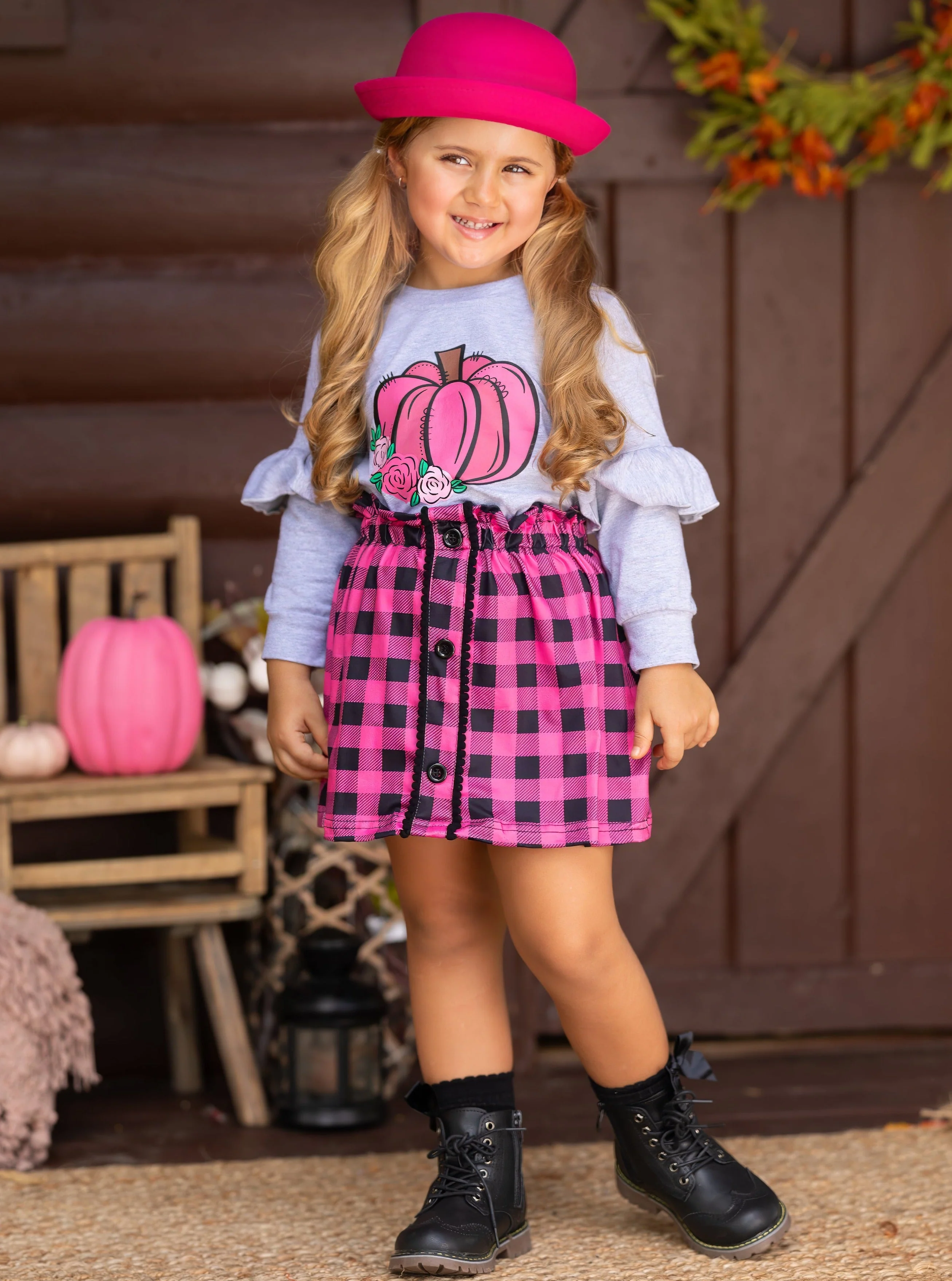 Pumpkin Preppy Ruffle Top and Plaid Skirt Set - Image 2