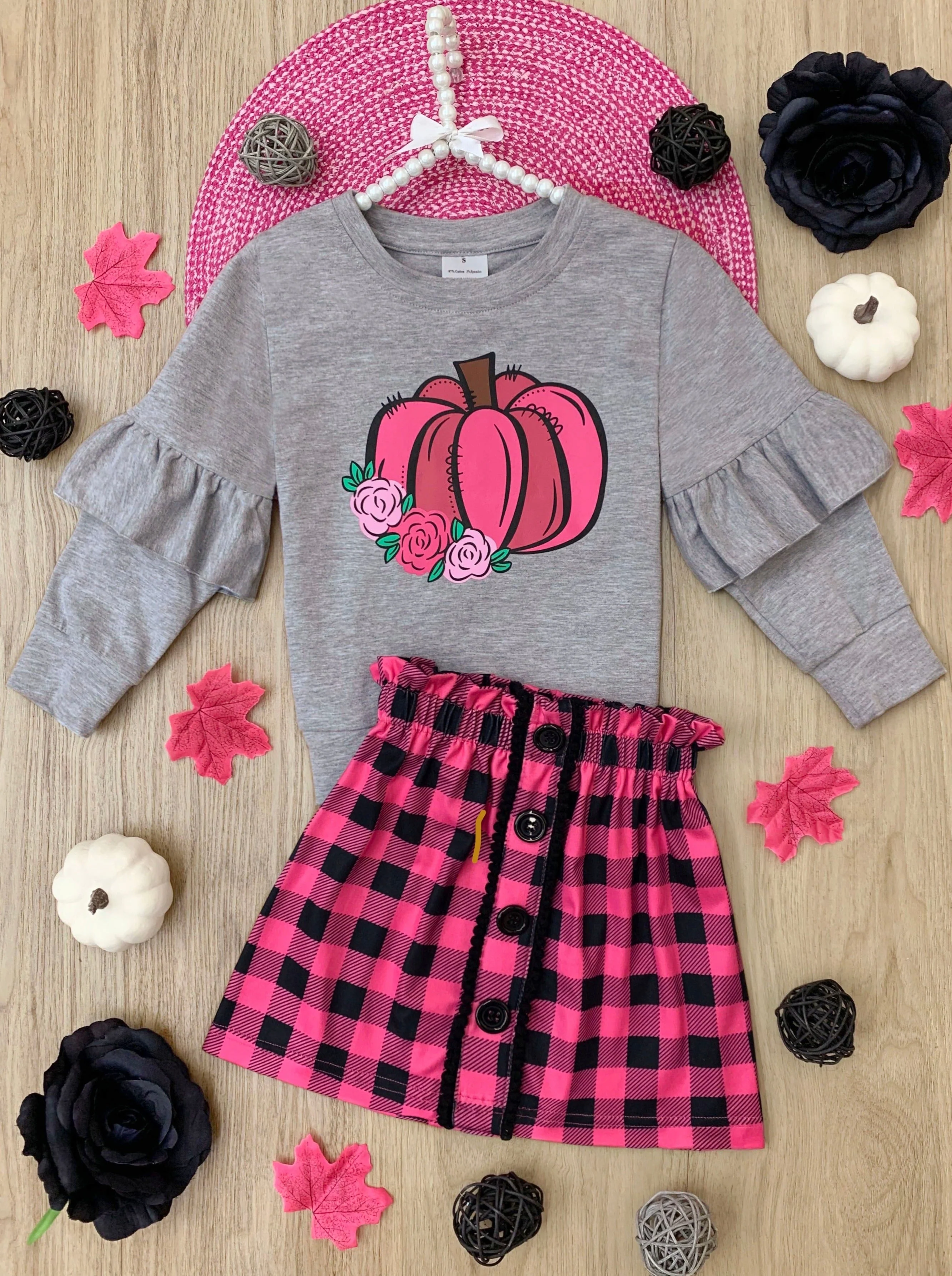 Pumpkin Preppy Ruffle Top and Plaid Skirt Set - Image 3