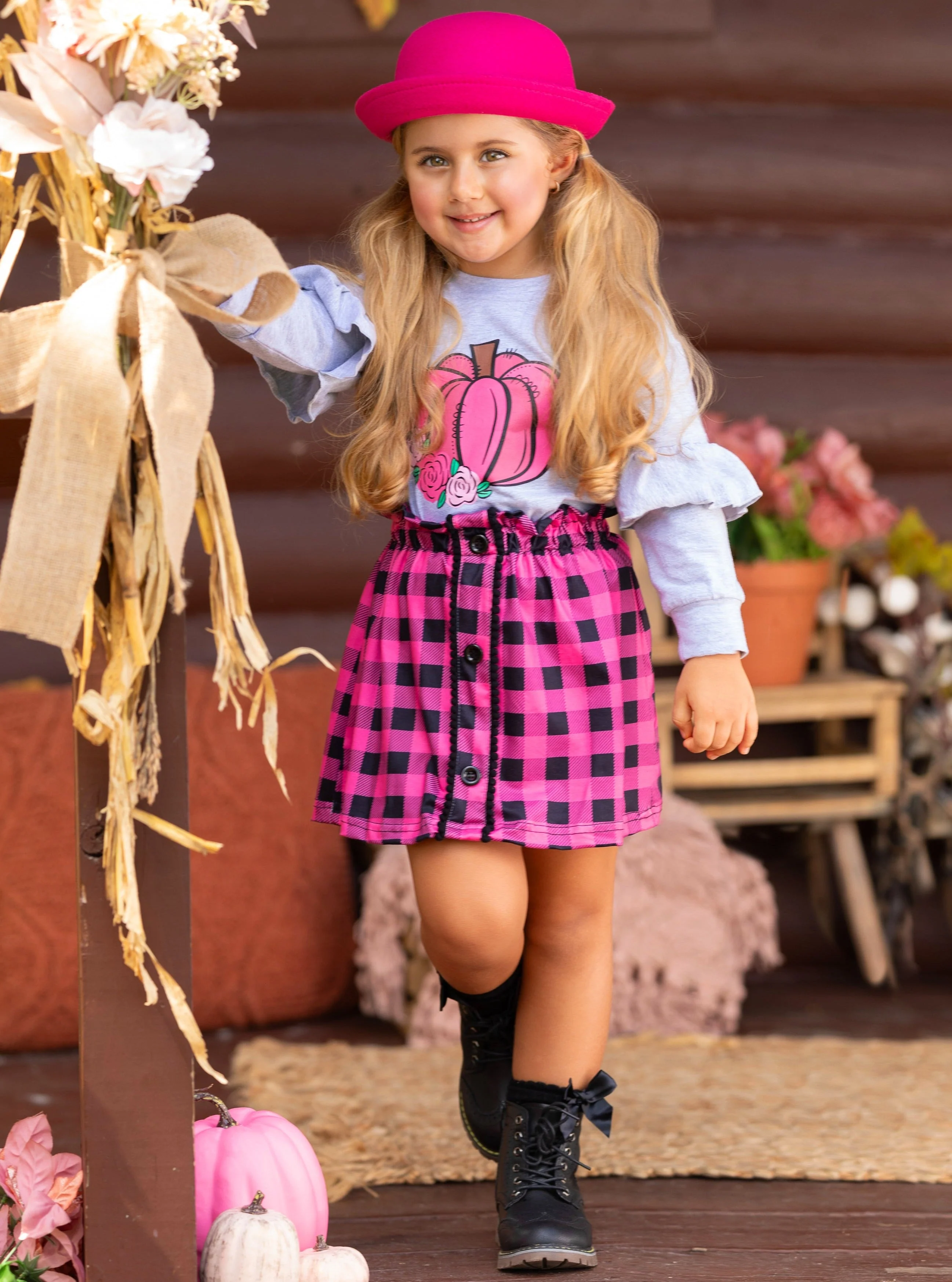 Pumpkin Preppy Ruffle Top and Plaid Skirt Set - Image 4