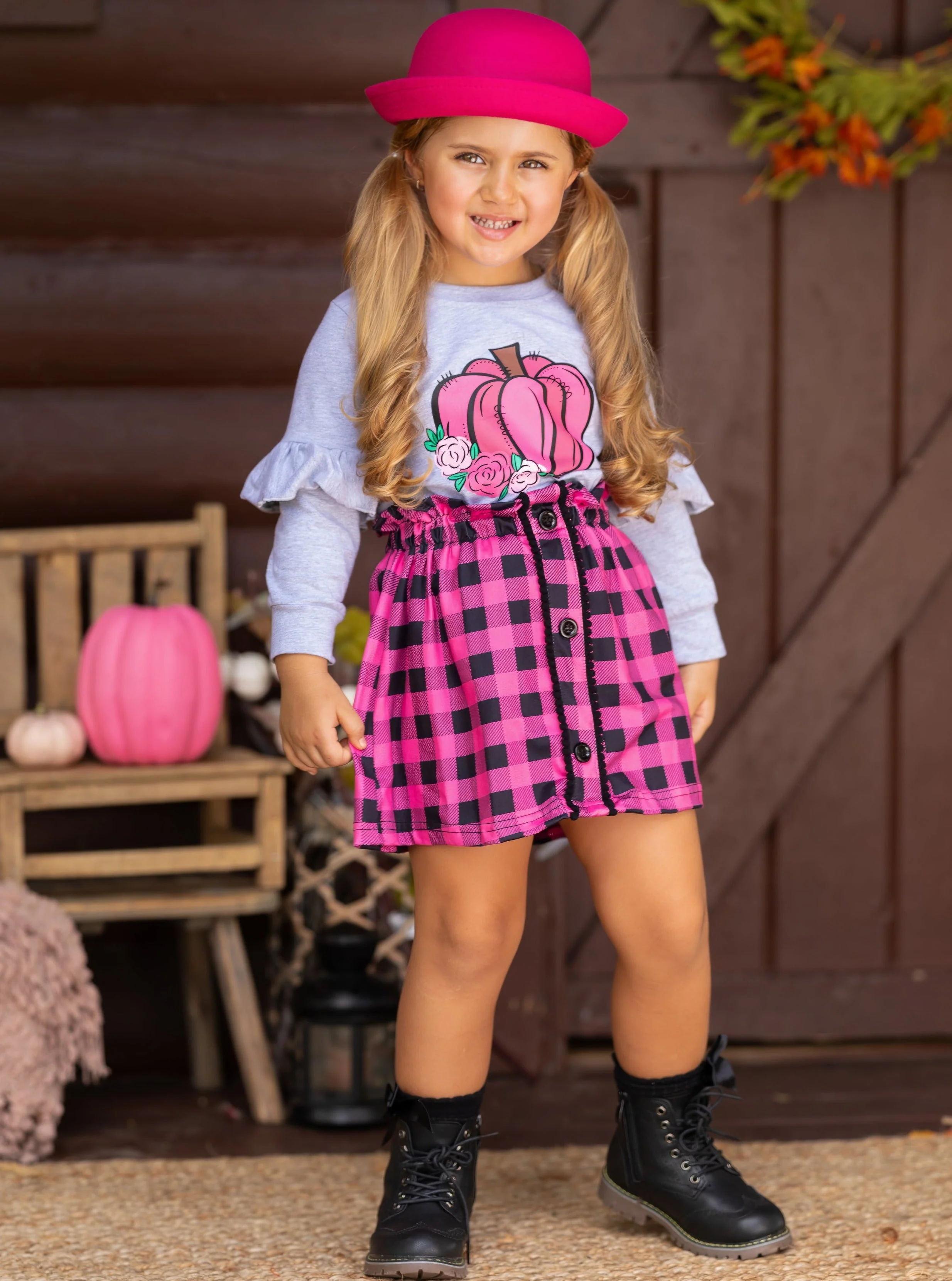 Pumpkin Preppy Ruffle Top and Plaid Skirt Set - Image 5