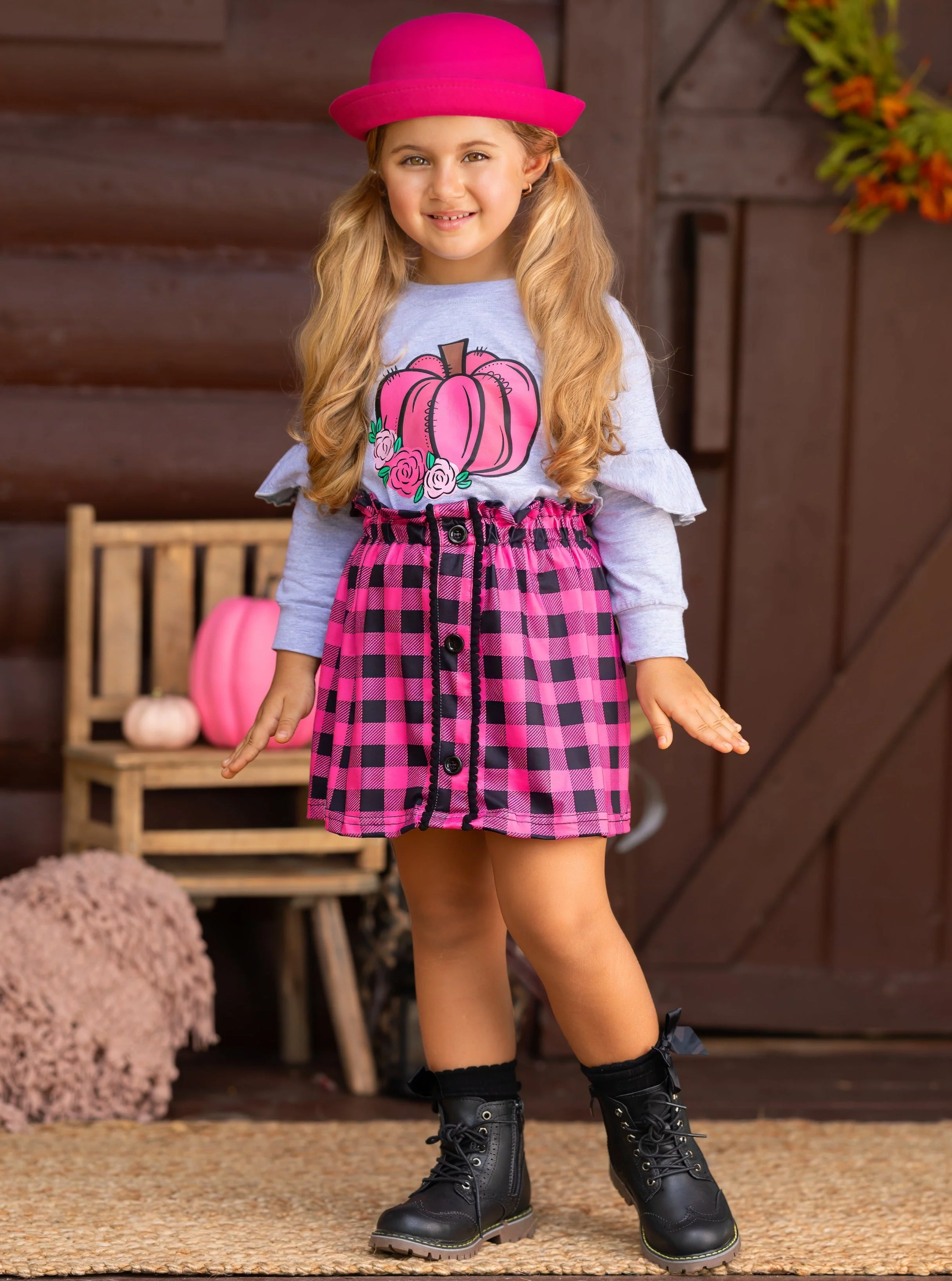 Pumpkin Preppy Ruffle Top and Plaid Skirt Set - Image 6
