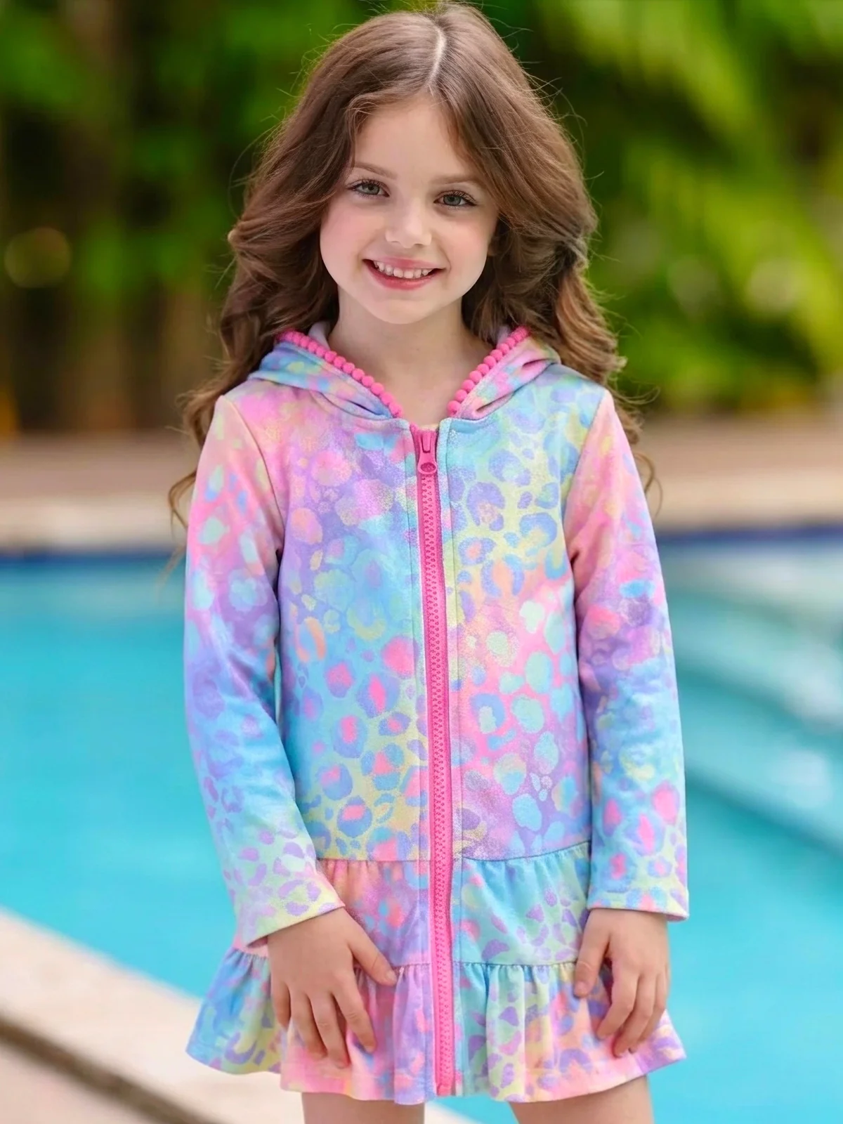 Rainbow Splash Hooded Terry Ruffle Cover Up - Image 2