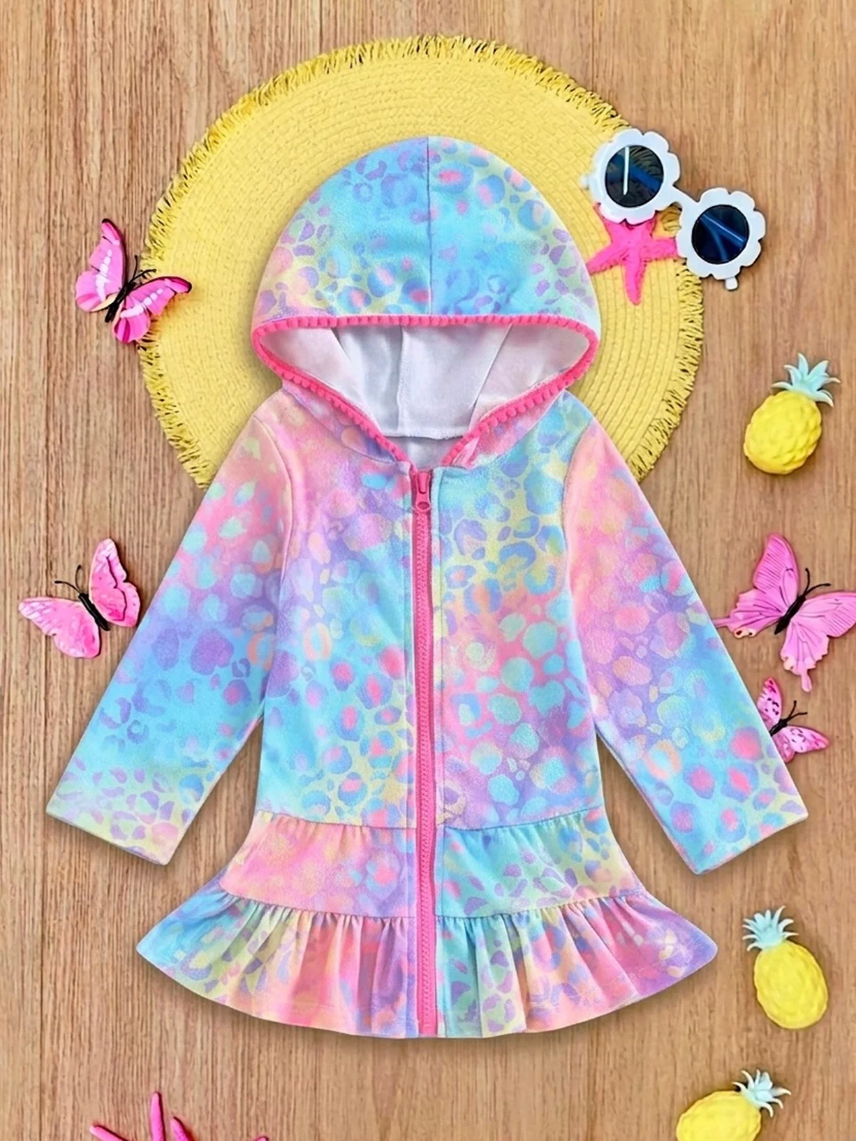 Rainbow Splash Hooded Terry Ruffle Cover Up - Image 3
