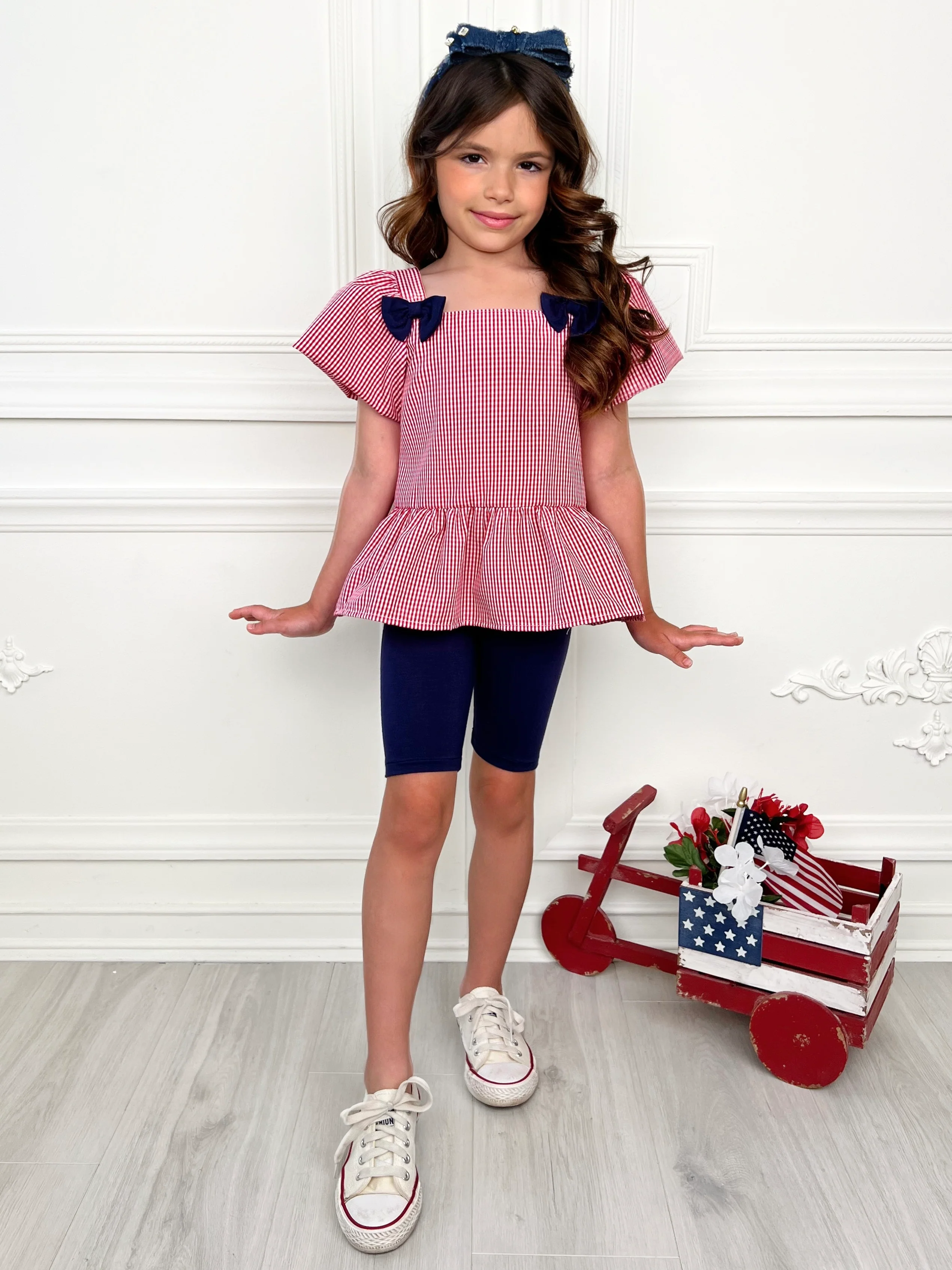 Red Gingham Bow Peplum Top and Navy Biker Short Set - Image 2