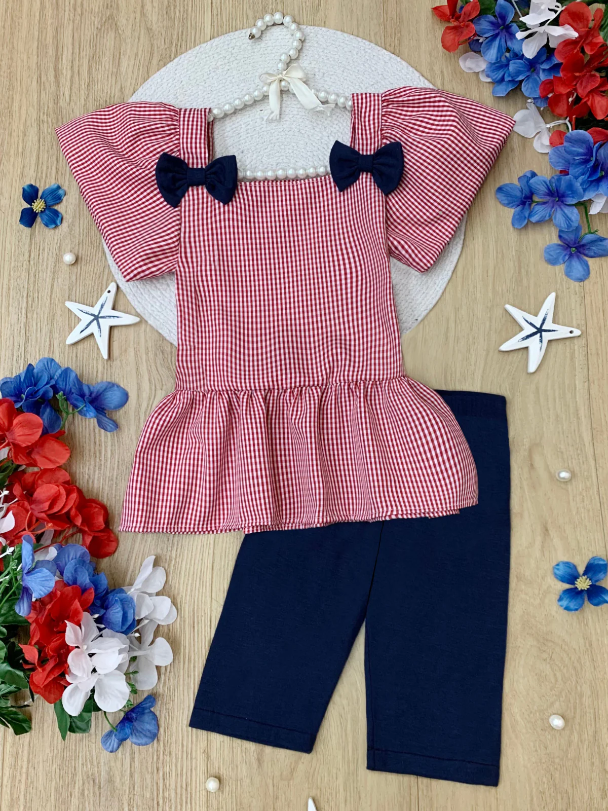 Red Gingham Bow Peplum Top and Navy Biker Short Set - Image 3