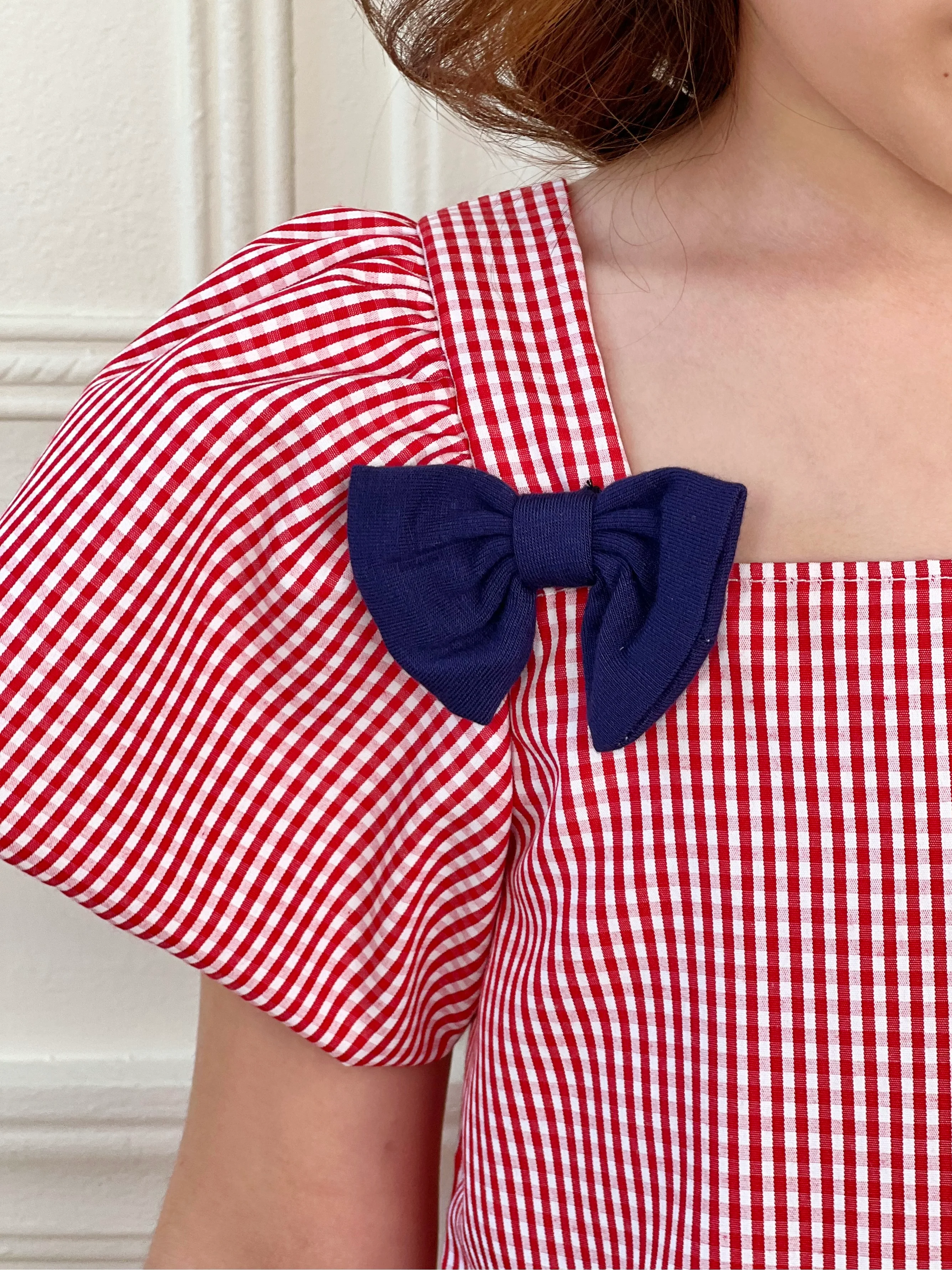 Red Gingham Bow Peplum Top and Navy Biker Short Set - Image 4