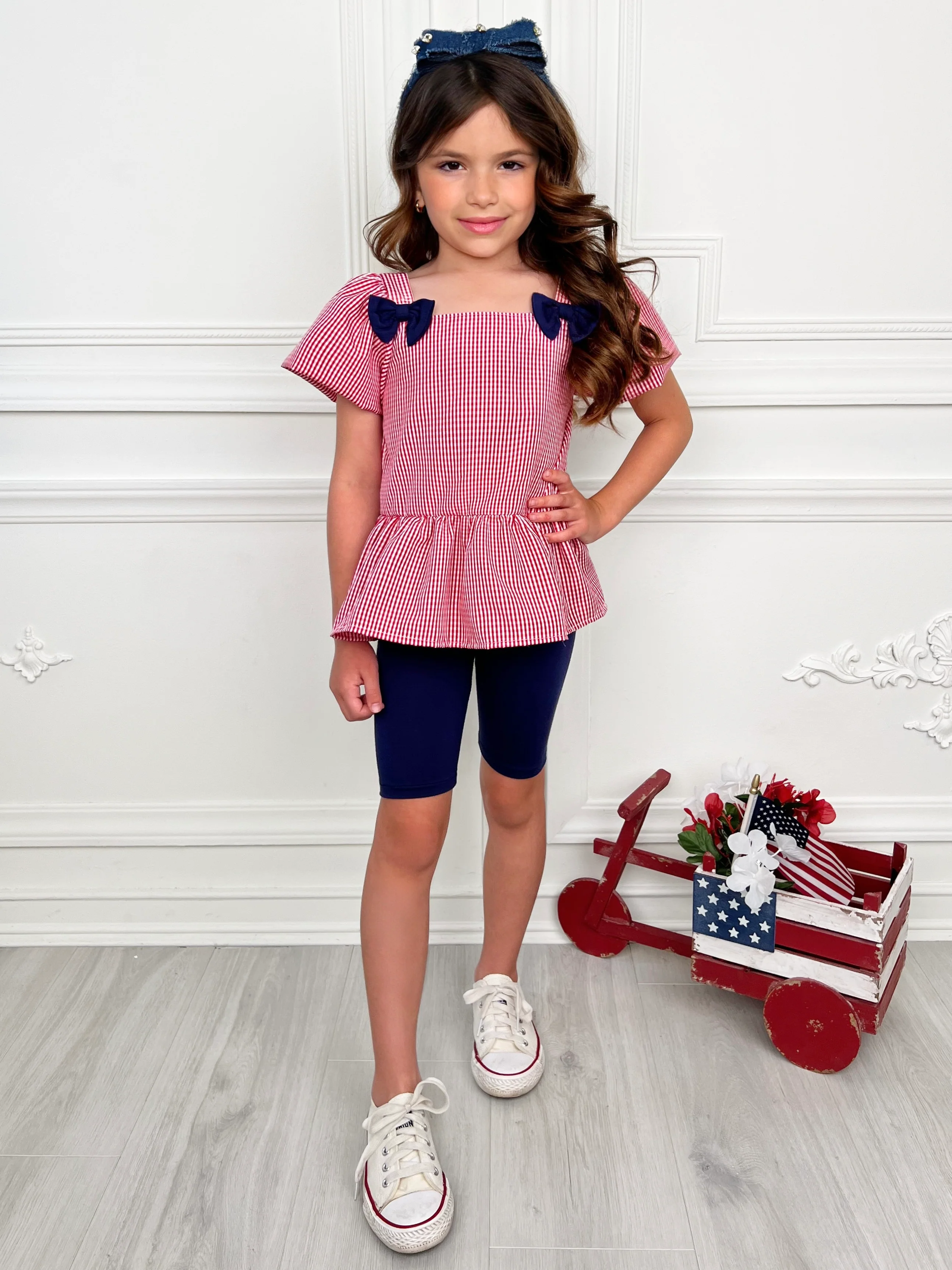 Red Gingham Bow Peplum Top and Navy Biker Short Set - Image 6