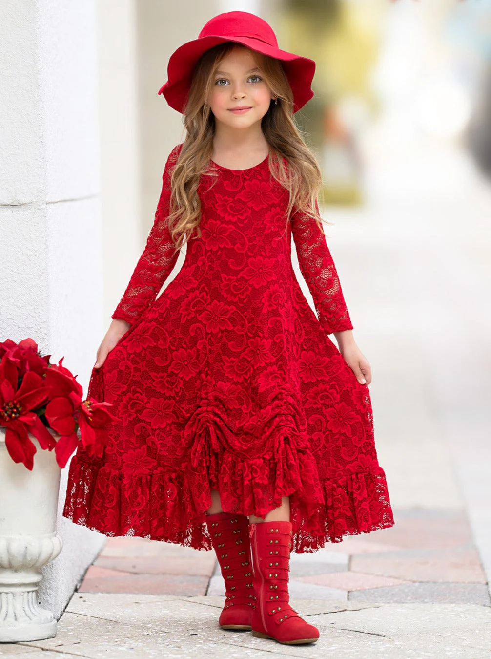 Red Hi-Lo Drawstring Lace Ruffle Dress - Image 3