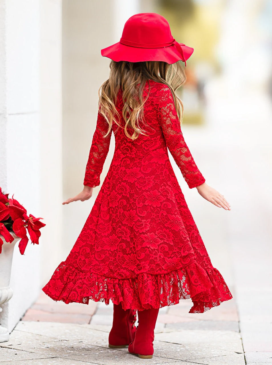 Red Hi-Lo Drawstring Lace Ruffle Dress - Image 4