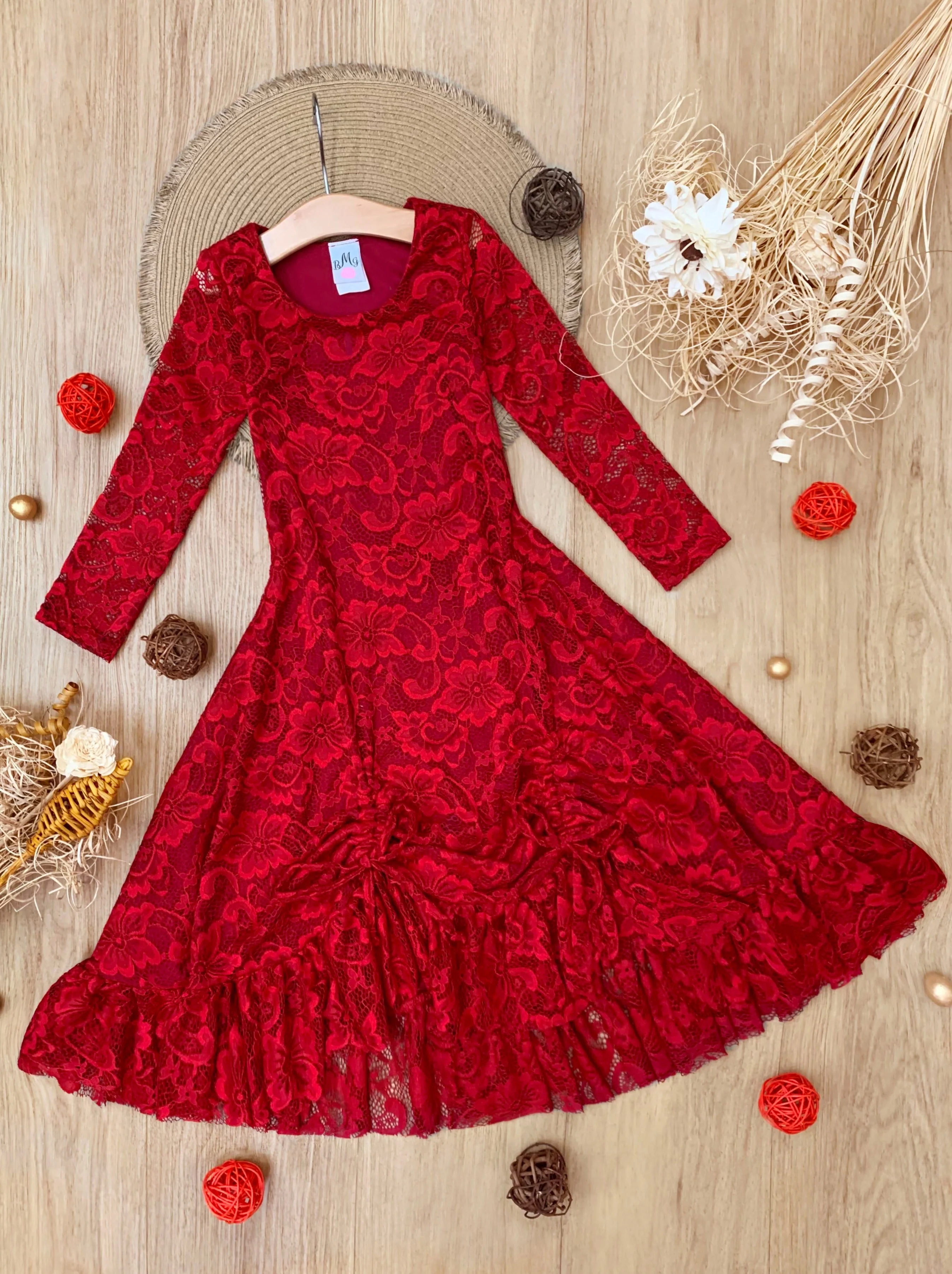 Red Hi-Lo Drawstring Lace Ruffle Dress - Image 5