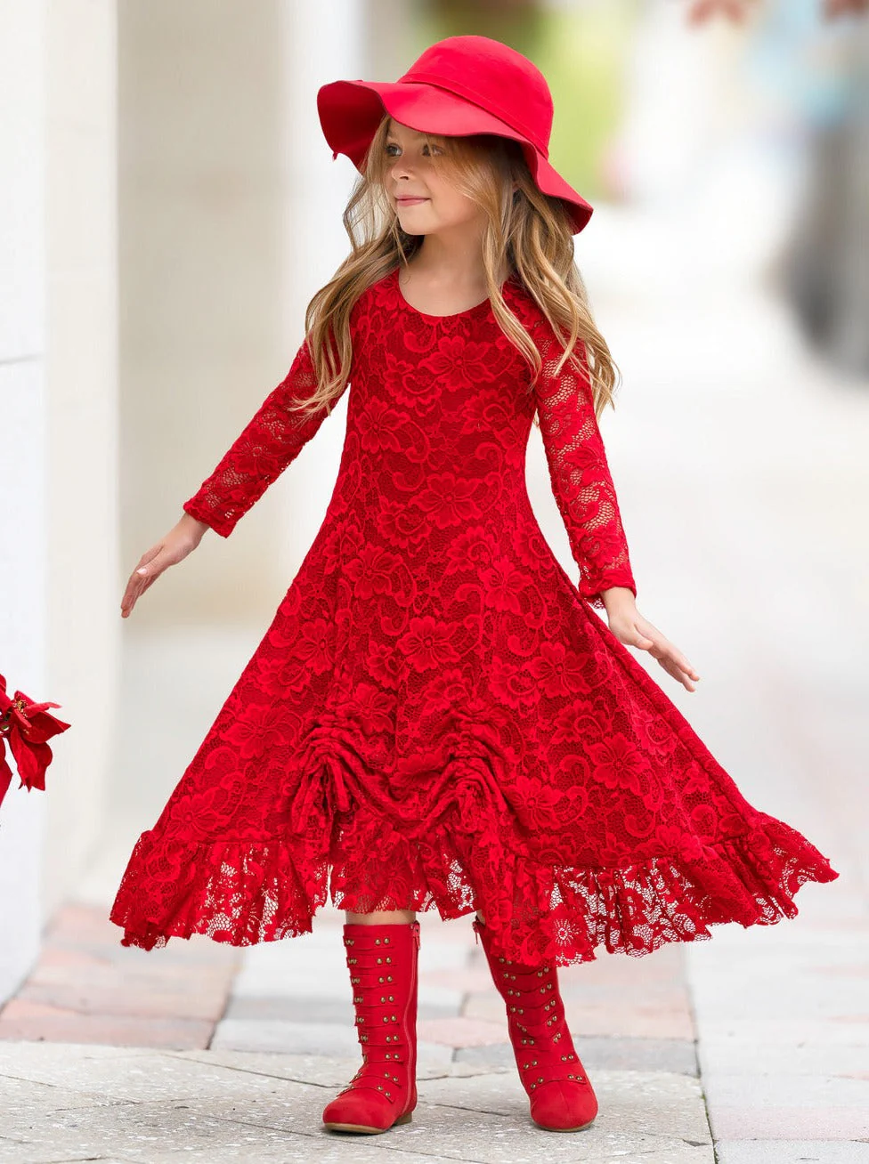 Red Hi-Lo Drawstring Lace Ruffle Dress - Image 6