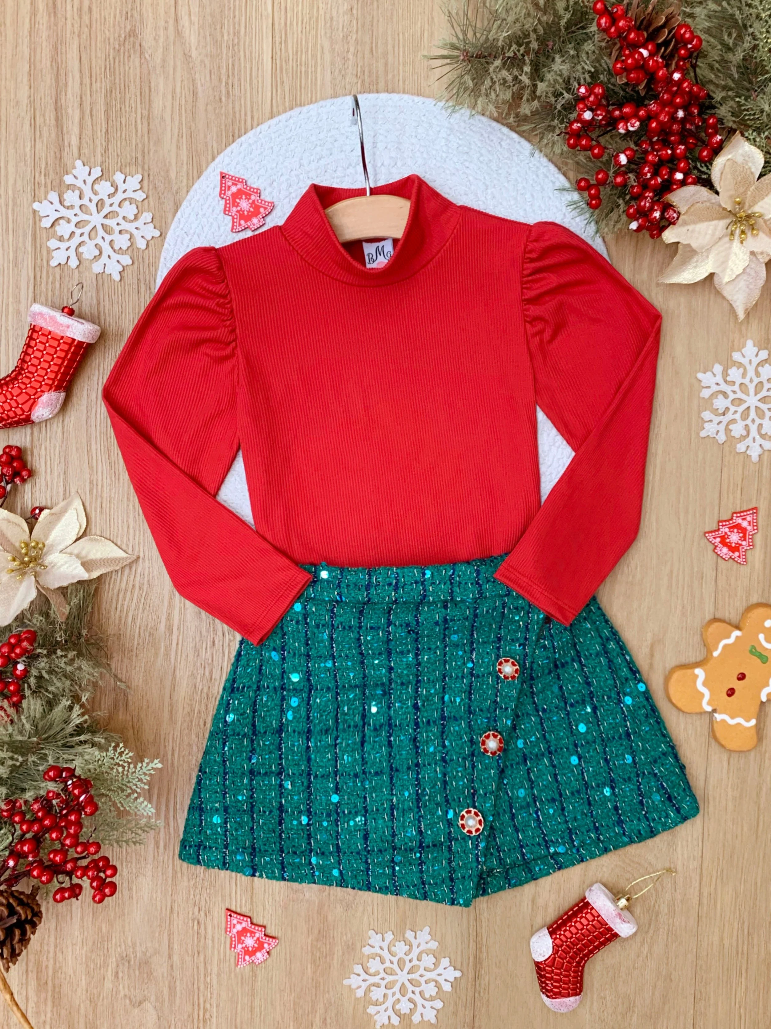 Red Turtleneck Top and Green Tweed Skort Set - Image 4