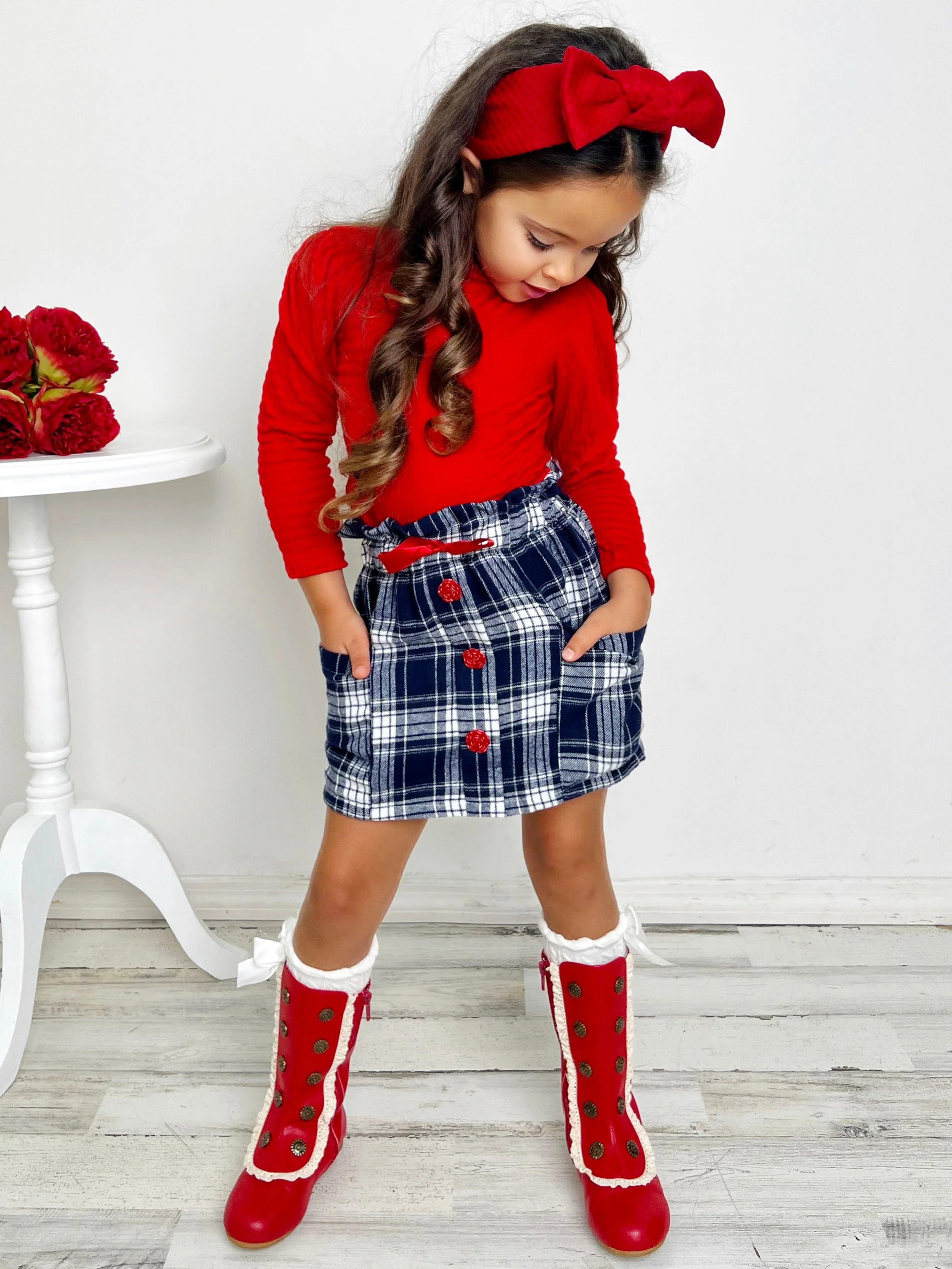 Playful Patches Red Turtleneck Top and Plaid Skirt Set - Image 2